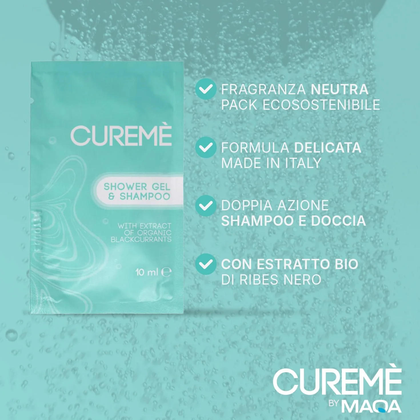 MAQA 100 Pezzi Doccia Shampoo Cortesia Monodose 10 ml Bustina Estratto Bio di Ribes Nero Eco-Friendly