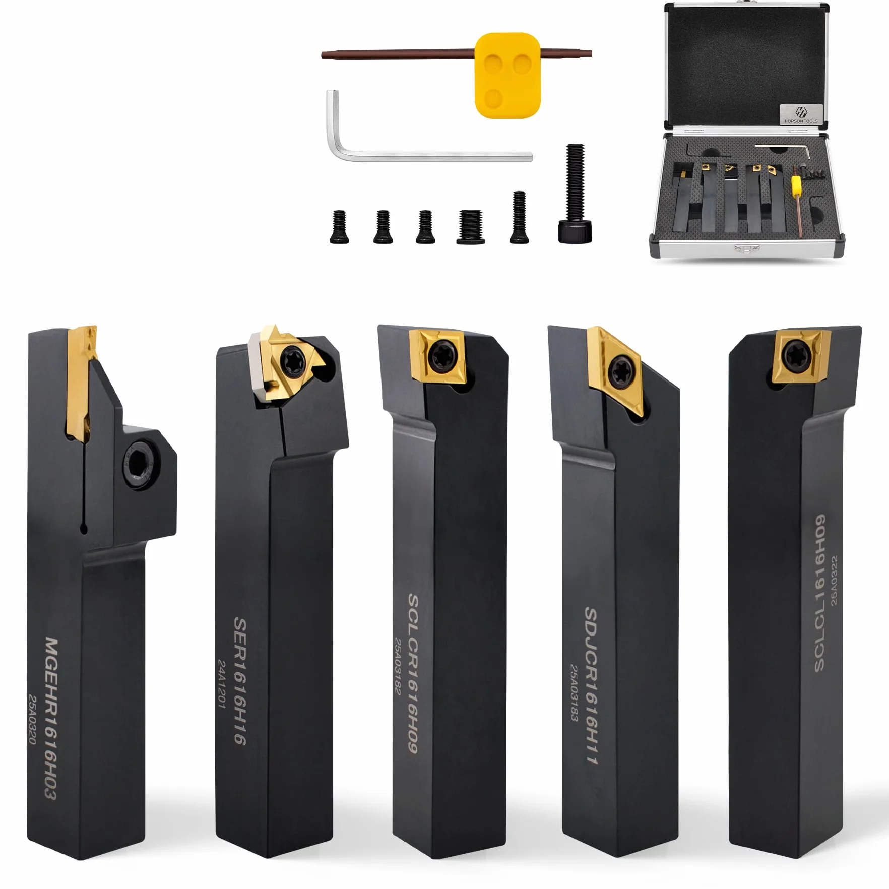 Gambo 16 mm Set 10 Pezzi Portautensili per Tornio con Inserti in Carburo, 5 Portautensili + 5 Inserti Indexabili CCMT/DCMT/16ER/MGMN300, Valigetta Alluminio