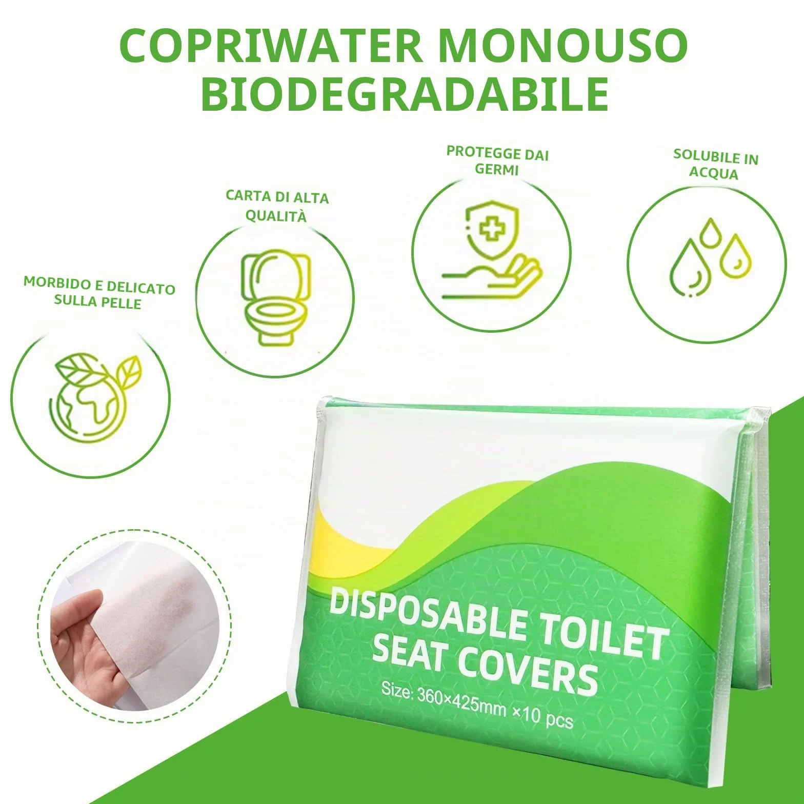 Copriwater Biodegradabili Usa e Getta, Copri WC Monouso per Bambini e Adulti, Coprisedile Igienico Water, 8 Confezioni 63.5x63.5cm