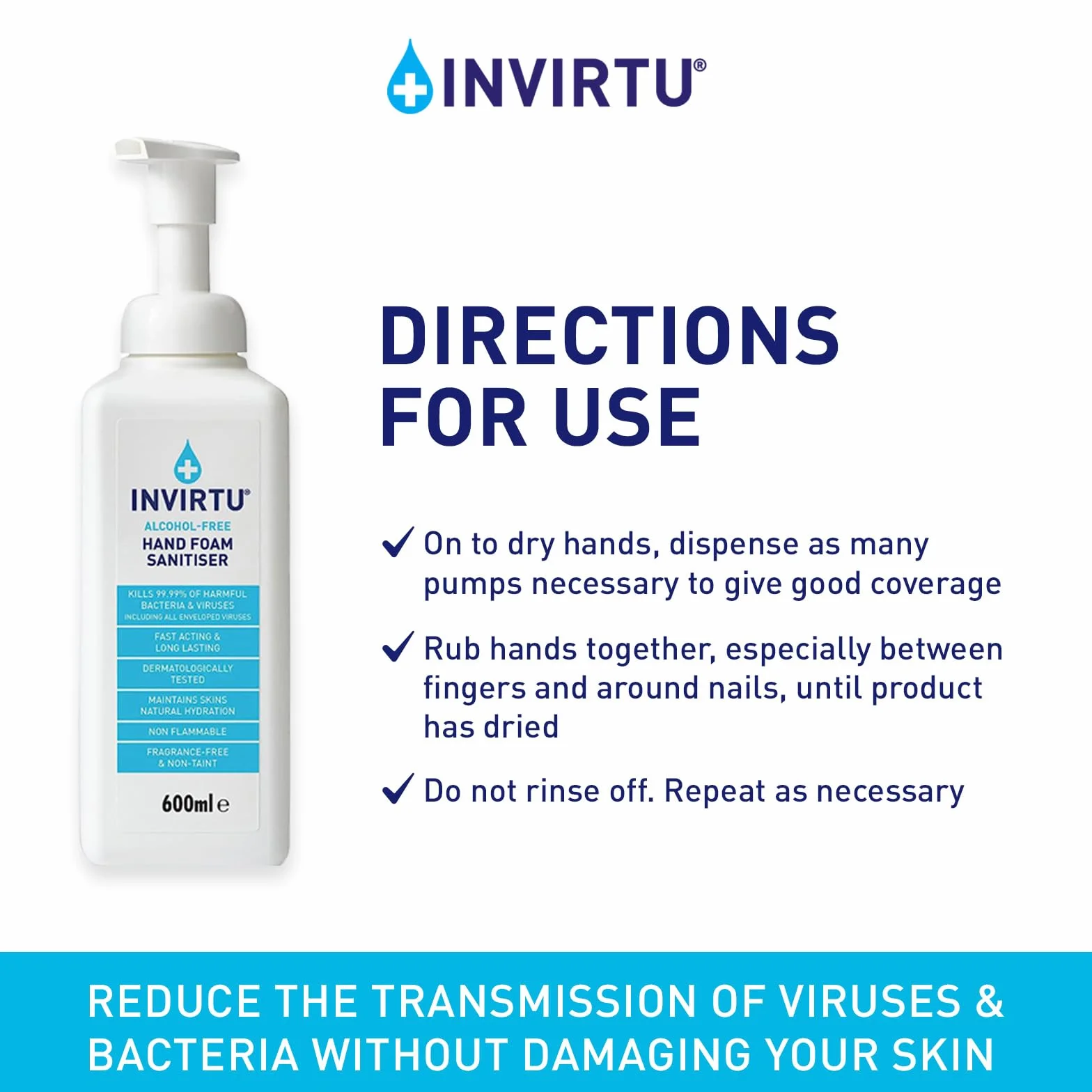 Byotrol INVIRTU, disinfettante per le mani senza alcool, senza profumo, senza alcol e non macchia, flacone da 600 ml