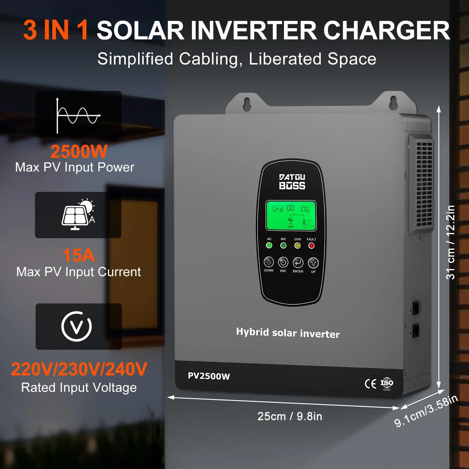DATOUBOSS Inverter Ibrido Solare 1800W 12V Onda Sinusoidale Pura, Inverter 12V a 220V/230V AC con Regolatore di Carica Solare MPPT, Sistema di Protezione BMS, per Batterie al Litio (12V-1800W)