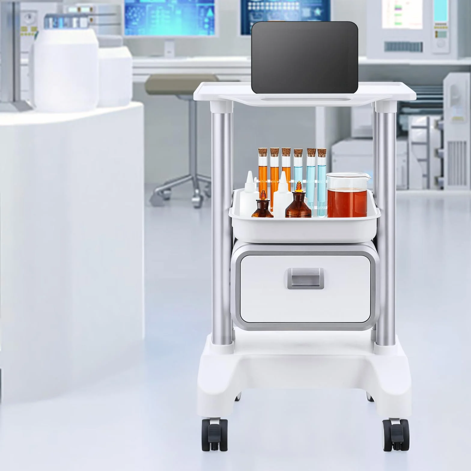VEVOR Carrello da Laboratorio 2 Ripiani 1 Cassetto 1 Vassoio Superiore 4 Ruote ABS Bianco
