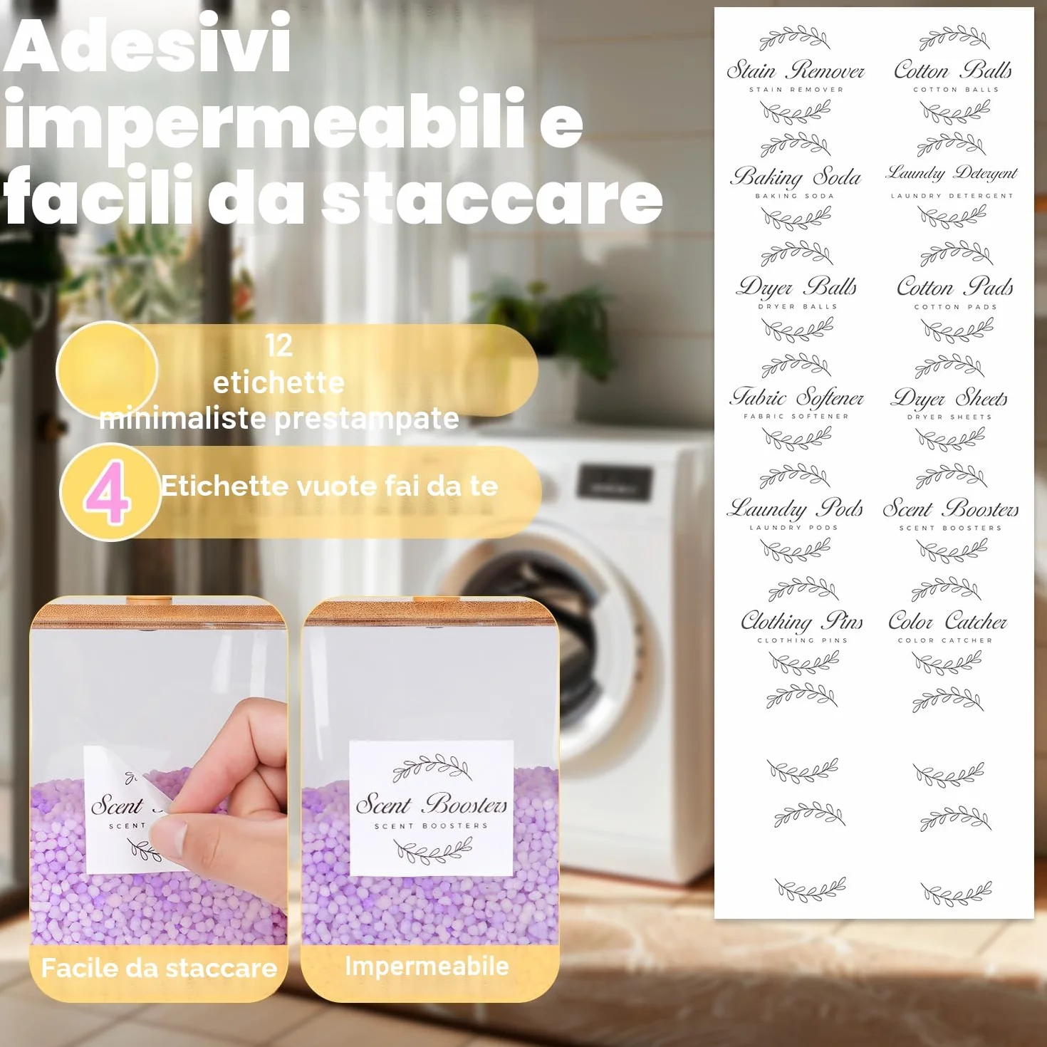 4 Grandi Contenitori per Capsule per Il Bucato, Contenitore per Detersivo con Coperchio, Contenitore Multiuso per Detersivo con 16 Adesivi e 4 Cucchiai per Lavaggio in Polvere, Fogli di Detersivo