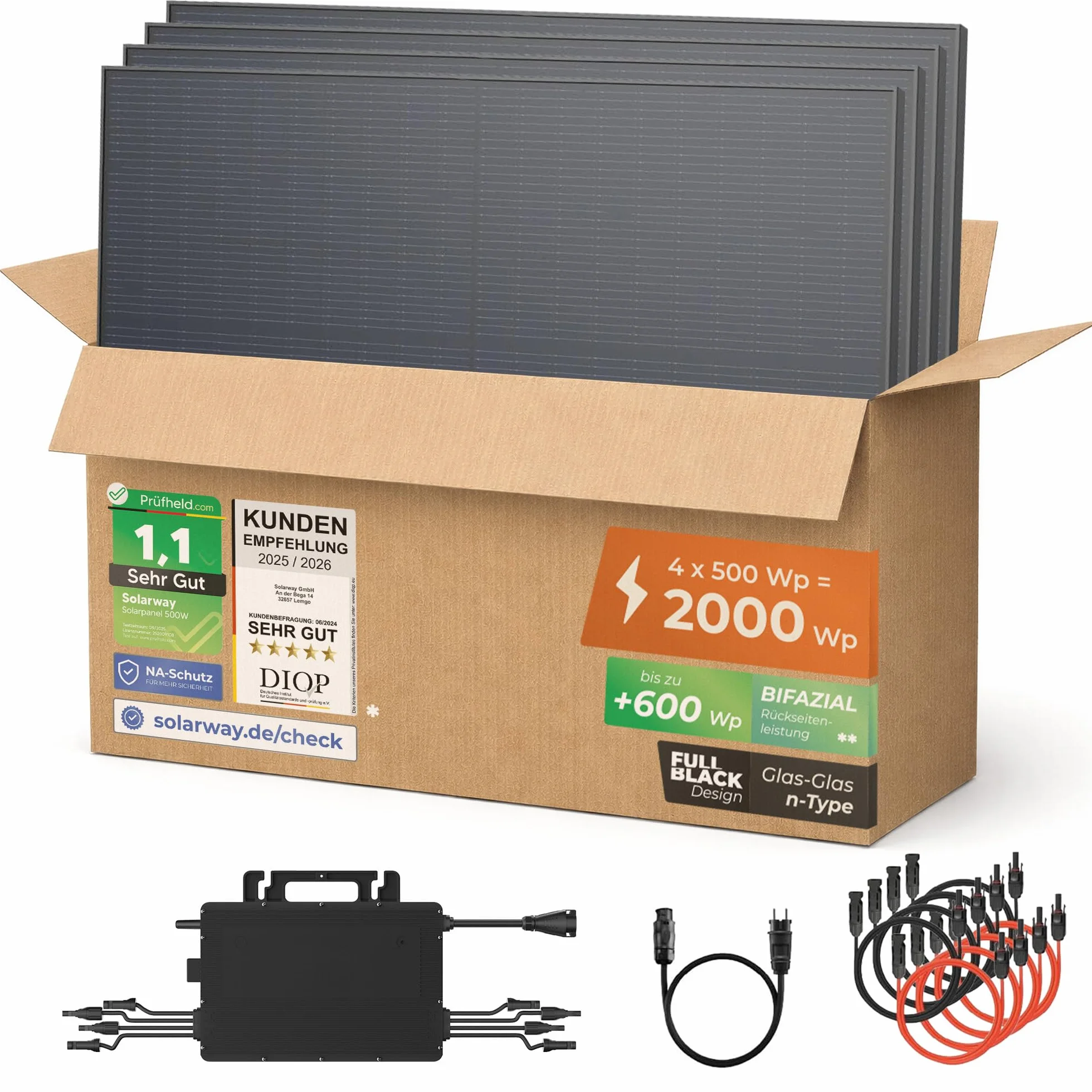 Solarway Kit di alimentazione per balcone 2000W completo con presa - Uscita regolabile 600/800/2000W - 4 moduli JaSolar da 500W, inverter con APP e WiFi, Plug&Play