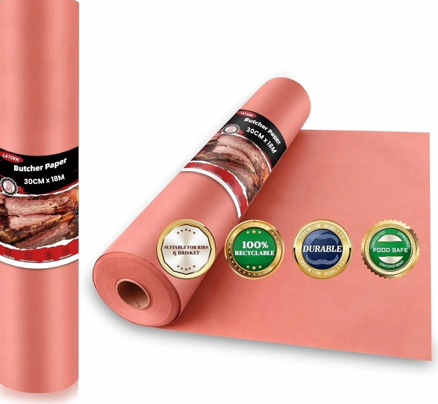LATERN Rotolo di Carta da Macellaio, 30CM x 18M Carta Kraft per Uso Alimentare Non Sbiancata Non Cerata Non-Patinata Cartas da Macellaio per Affumicatore Barbecue Grigliate Affumicatura Cottura Carni