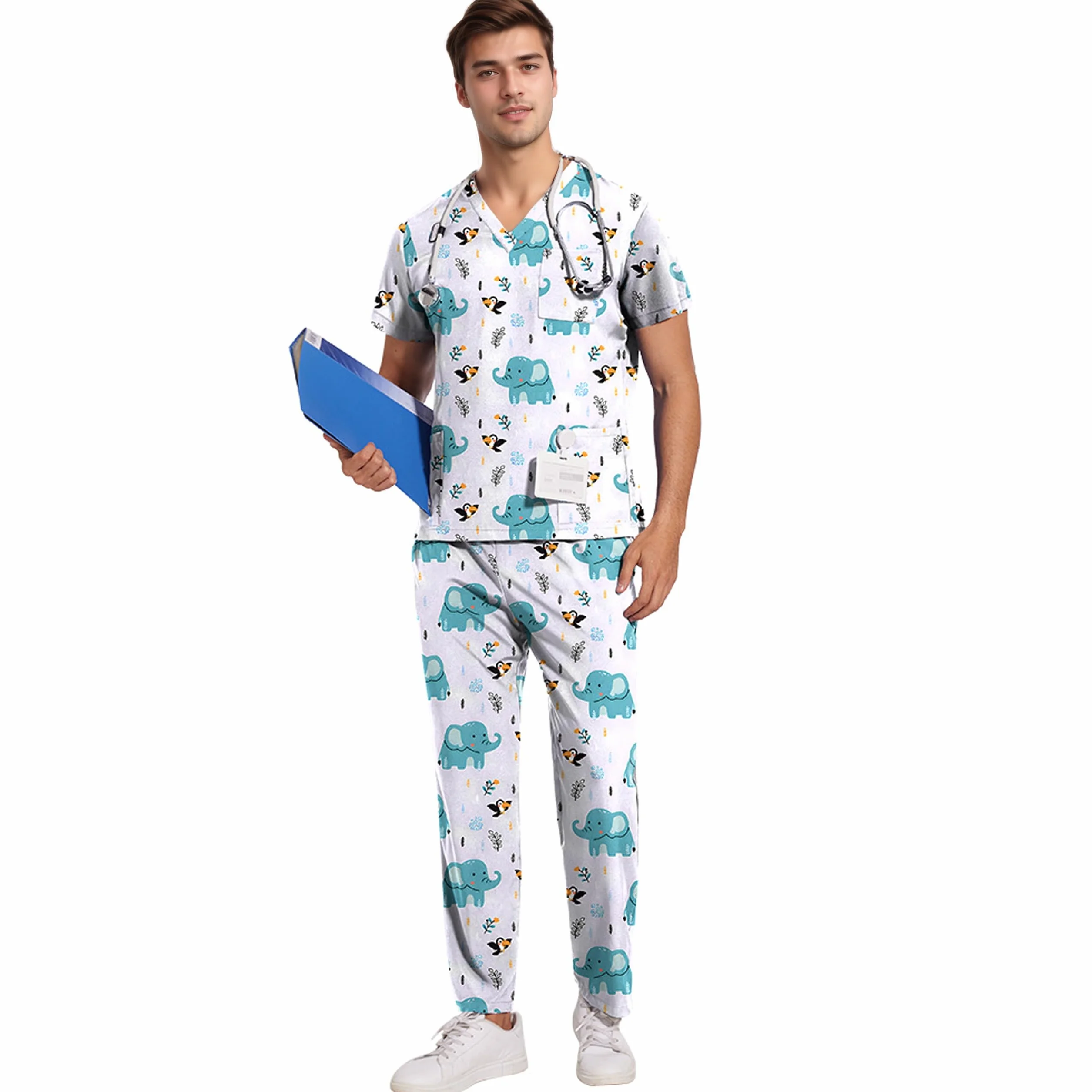 ThreeH Set da Chirurgo Ospedaliero Divisa Medica Elasticizzata con Scollo a V e Pantaloni Jogging Lavabile Tasche Multiple