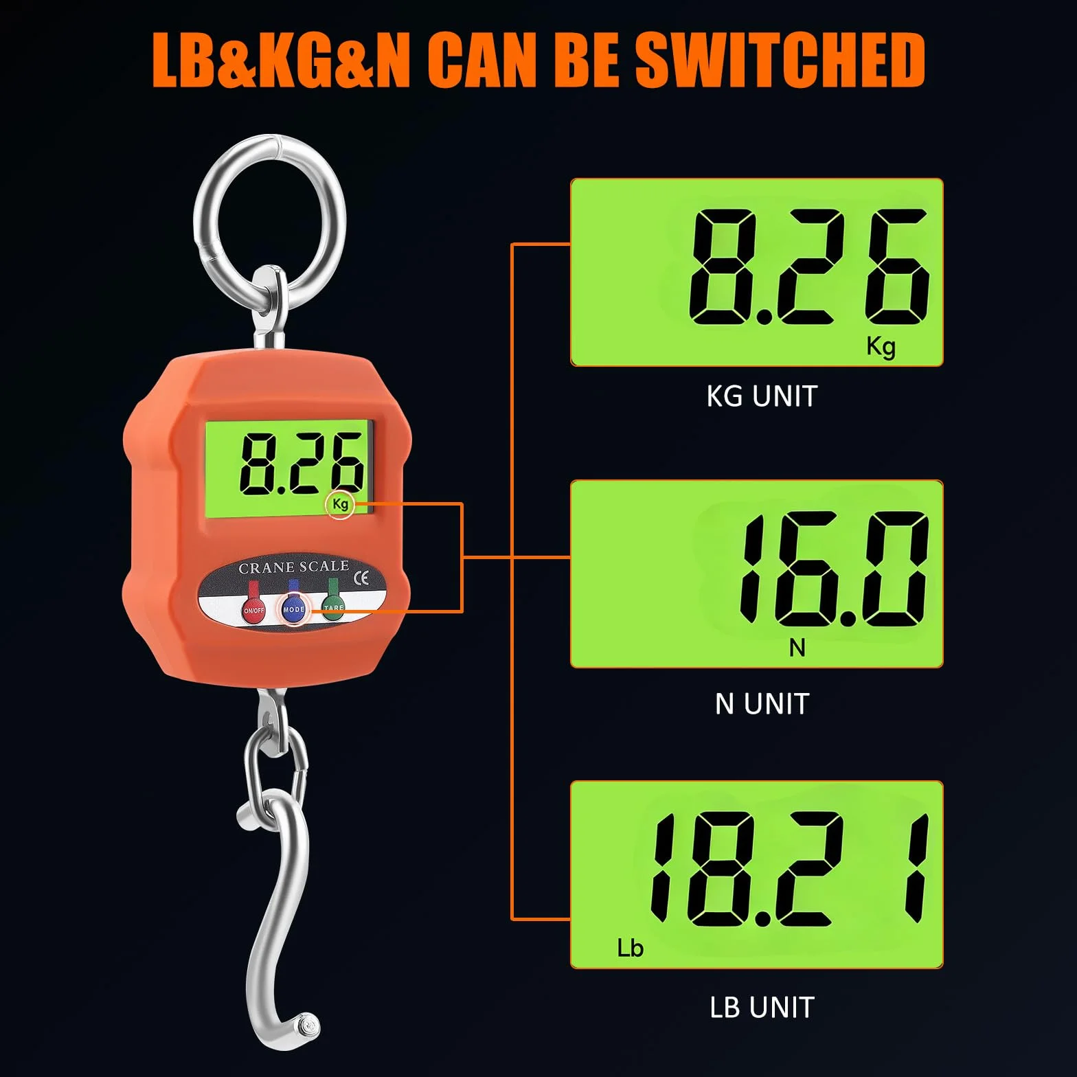 Bilancia digitale per gru 300 kg, display LCD, portatile, kg/lb/N, con batteria