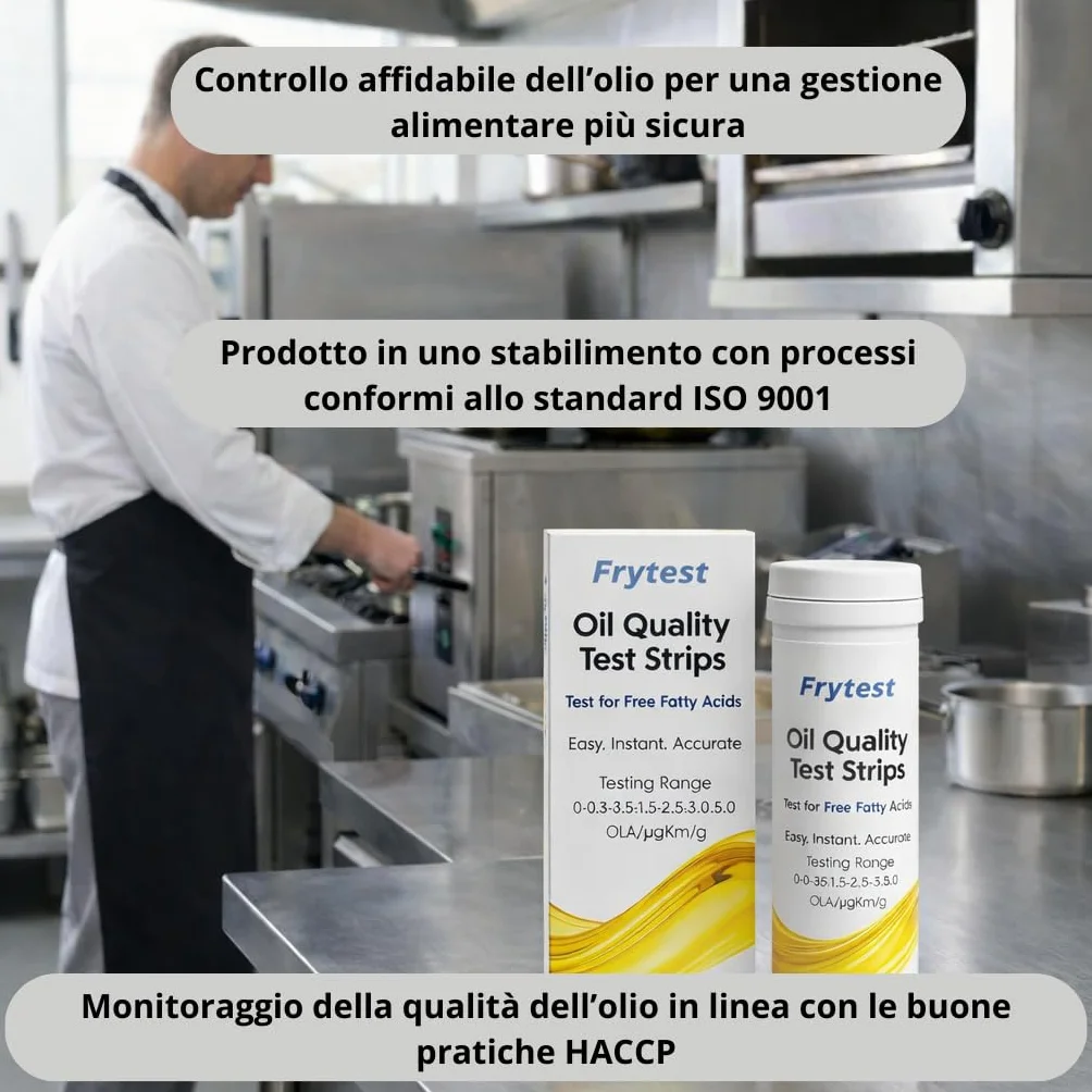 Strisce Test Olio Frittura FFA – Misuratore Acidità Olio (anche Olio di Oliva) – Controllo Qualità HACCP – 100 Strisce – Produzione Certificata ISO 9001