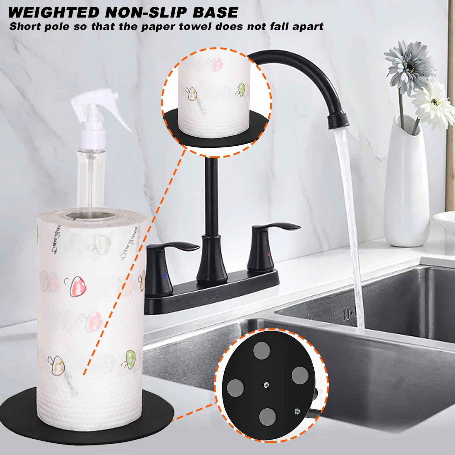 Portarotolo da Cucina con Flacone Spray, Portatovaglioli da Tavola Autoportante, Porta Rotoli da Cucina Nero Opaco, Antiscivolo, Porta Rotolo di Carta Multifunzione per Cucina, Bagno