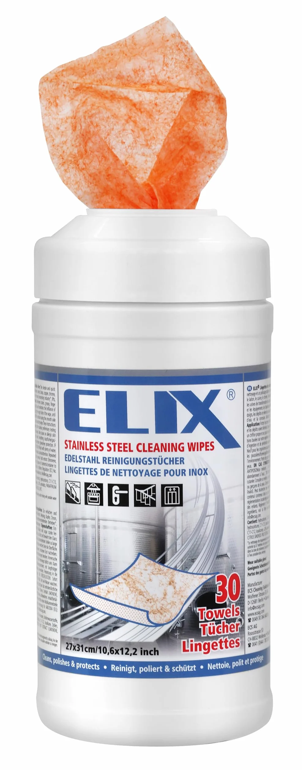 ELIX Salviette Umidificate per la Pulizia dell’ Accacio Inox - per Acciaio Inox, Alluminio, Ceramica, Cromo, Rame e Ottone - 30 Pezzi in Dispenser - Panni Umidi 27 * 31cm - Resistenti ed Efficaci