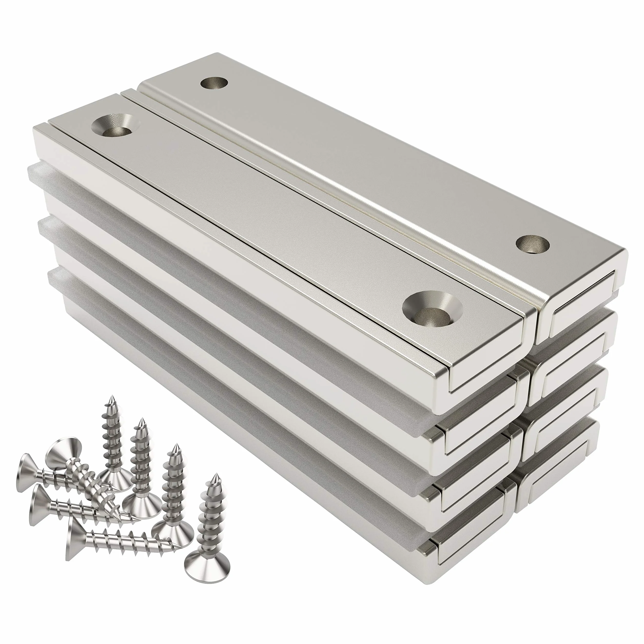 Magnetpro 8 pezzi magneti rettangolari 30 kg forza 60 x 13,5 x 5 mm con foro svasato e capsula, magnete in neodimio con base in acciaio per uso domestico e industriale con viti