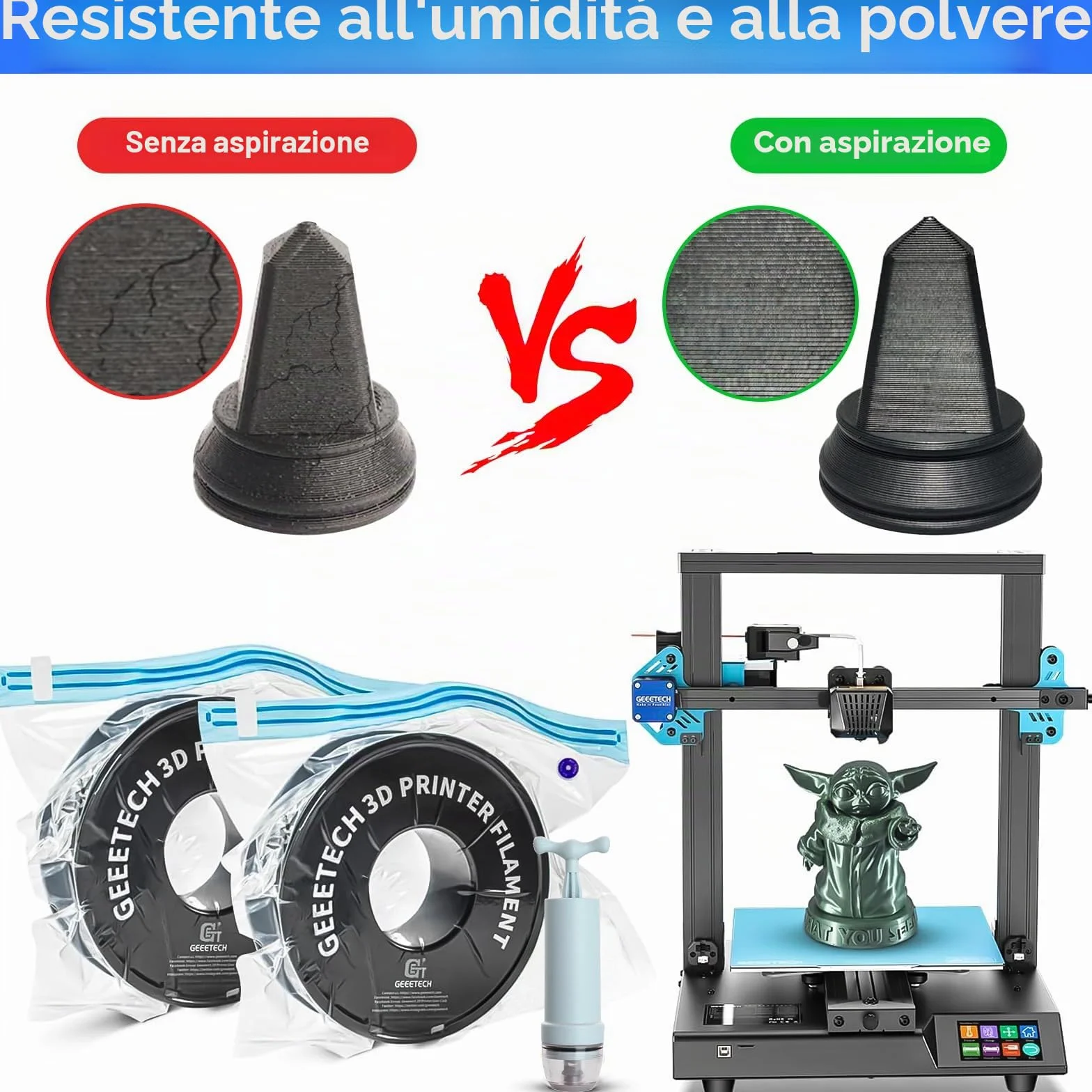 YOUNGSAY 24 Sacchetti Sottovuoto per Filamenti 3D + 48 Essiccante, 34 x 30cm Sacchetti Sottovuoto per Filamenti per Stampante 3D con Pompa Manuale e Clip di Tenuta per PLA ABS PETG TPU