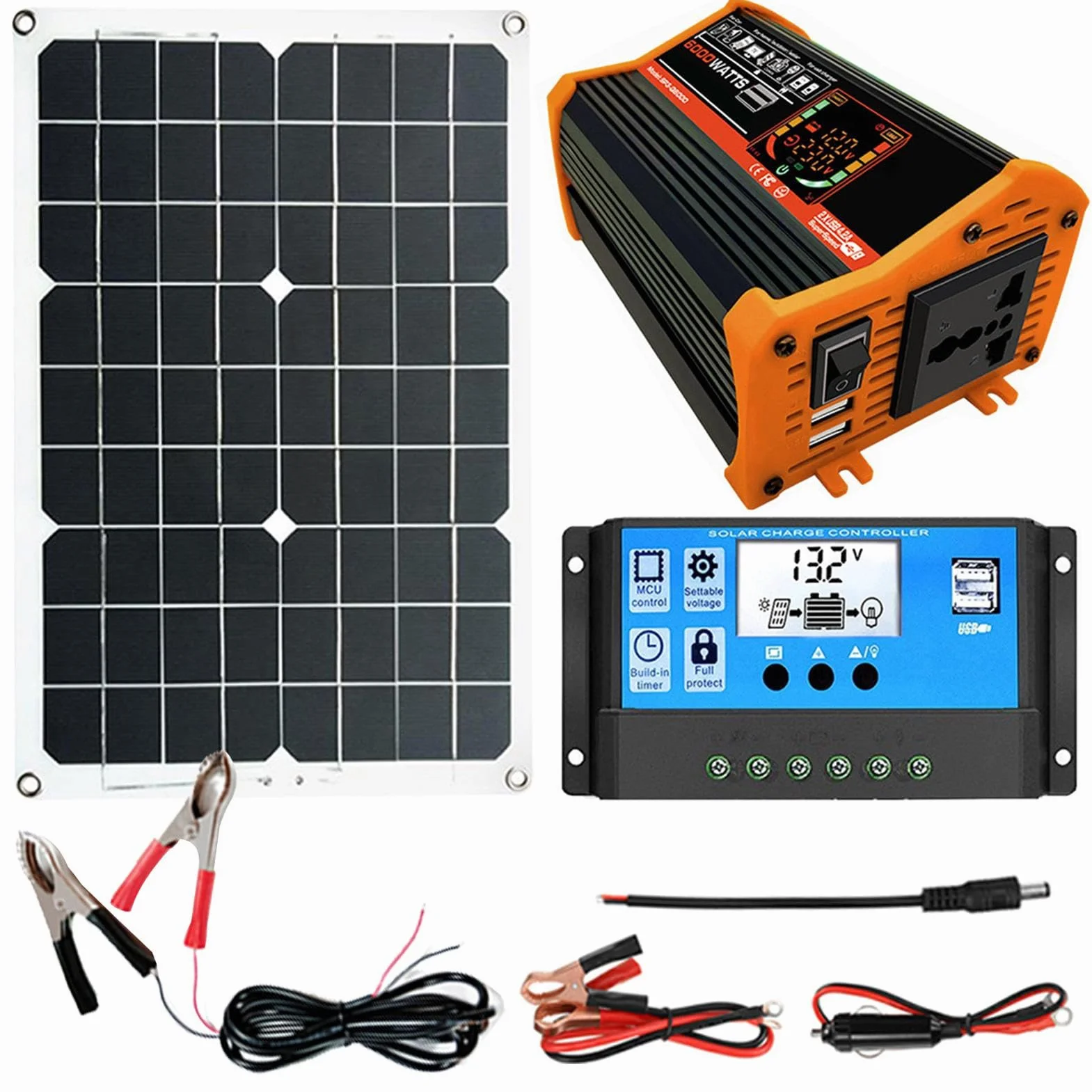 Kit di base per pannelli, energia solare con inverter potenza 6000W e auto adattatore doppio USB Pacco batteria al litio mobile camp