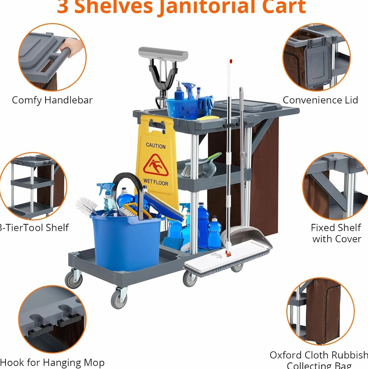 Carrello Pulizie Professionale,Carrello Per Pulizie Commerciali Di Hotel e Ospedali Con Armadietti Ripiani,Carrelli Multiuso Per Pulizia Con 6 Ruote e Sacco in Vinile Per Ufficio, Hotel, Capacità 300