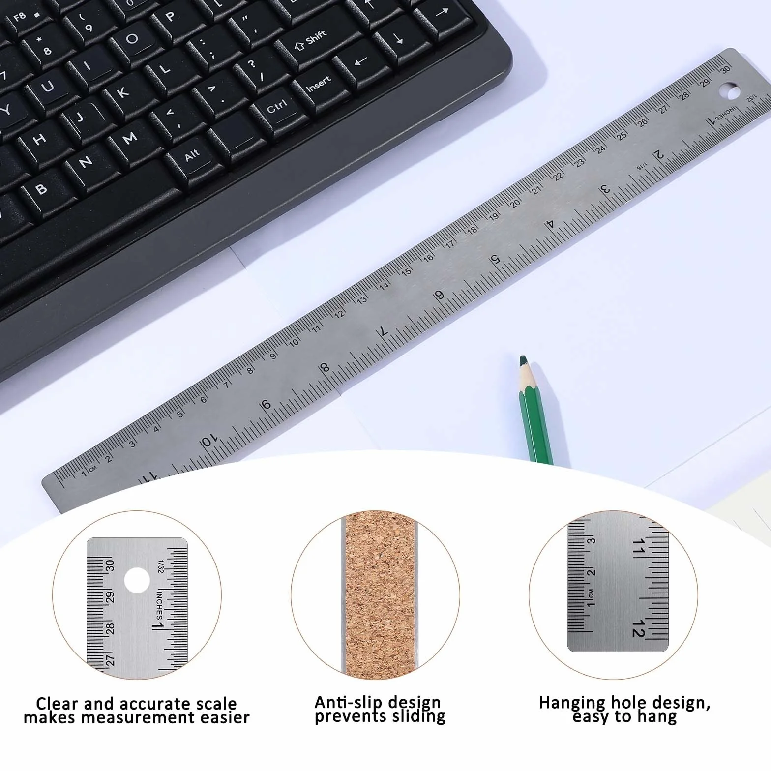Righello in metallo da 30,5 cm, righello in acciaio inox con retro in sughero, antiscivolo, con bordo dritto e lunghezza in pollici e centimetri, per studenti, scuola, ufficio, falegnameria e disegno