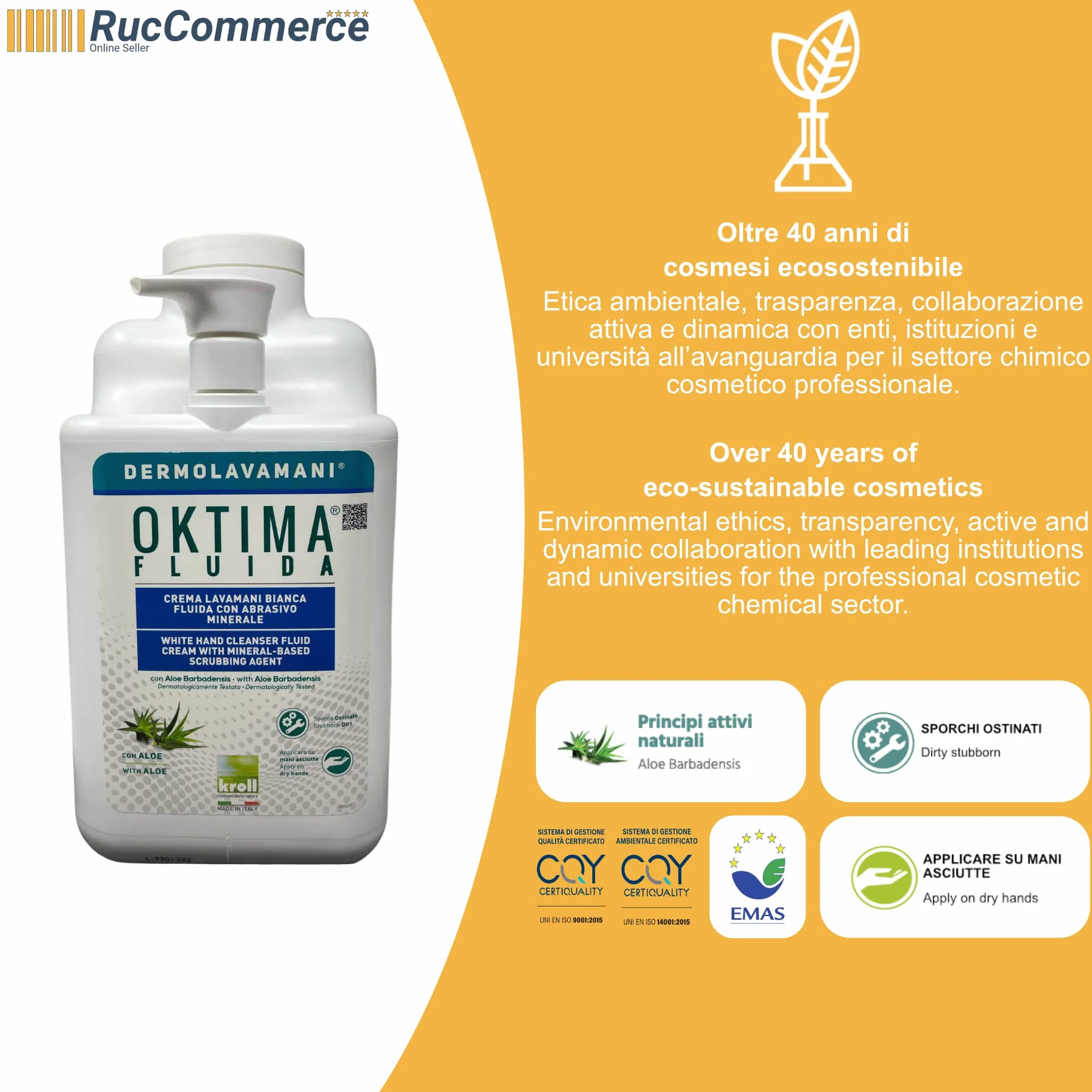 RucCosmetics "linea Dermolavamani®" OKTIMA® FLUIDA Crema Lavamani Bianca Fluida con Abrasivo Minerale, Aloe Barbadensis e dosatore, per sporchi ostinati (Tanica lt 5 c/dos)