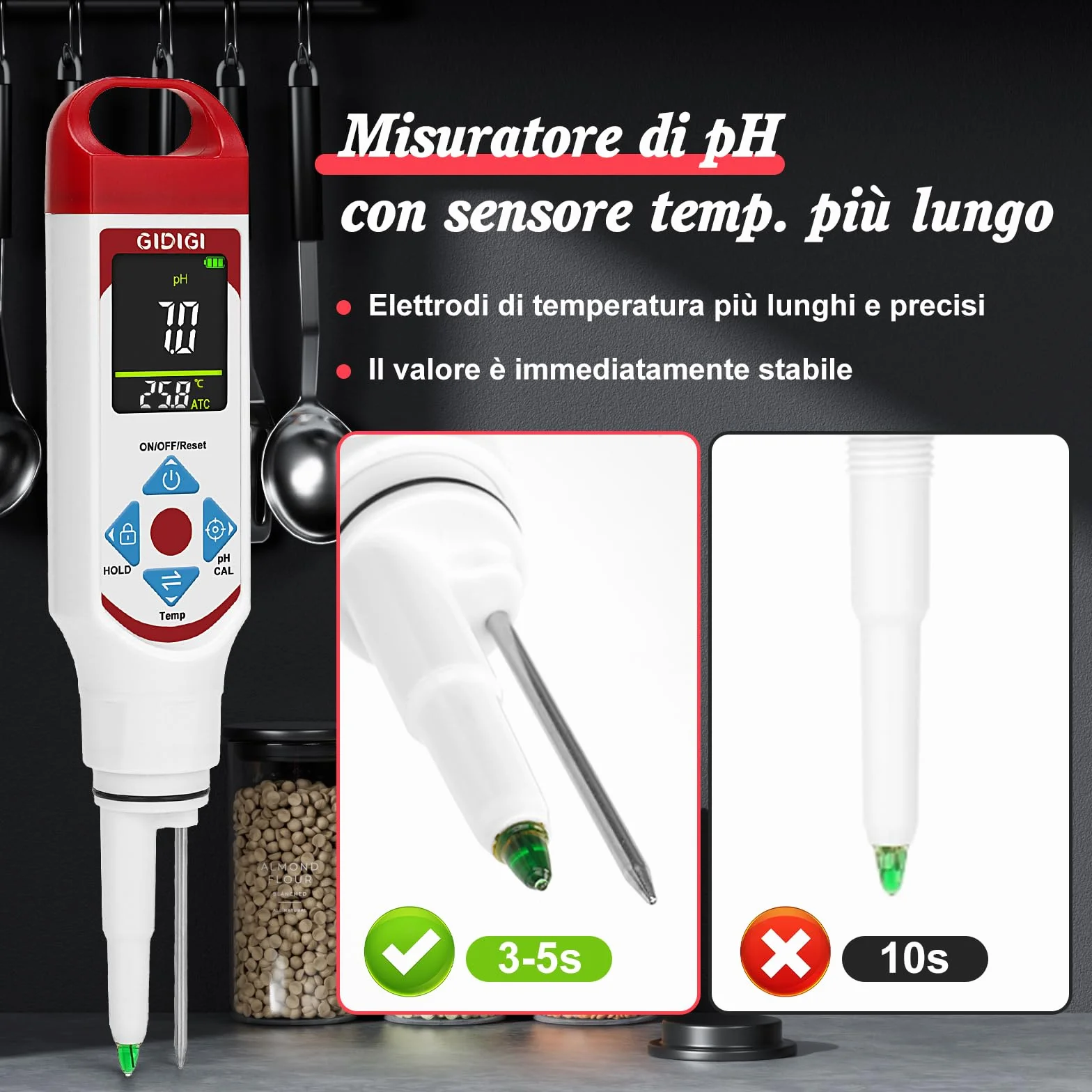 Misuratore di pH per la fermentazione alimentare, display a colori punta a lancia tester di pH per alimenti con ATC per cosmetici, lievito madre, Carne, formaggio, prodotti in scatola，Sottaceto