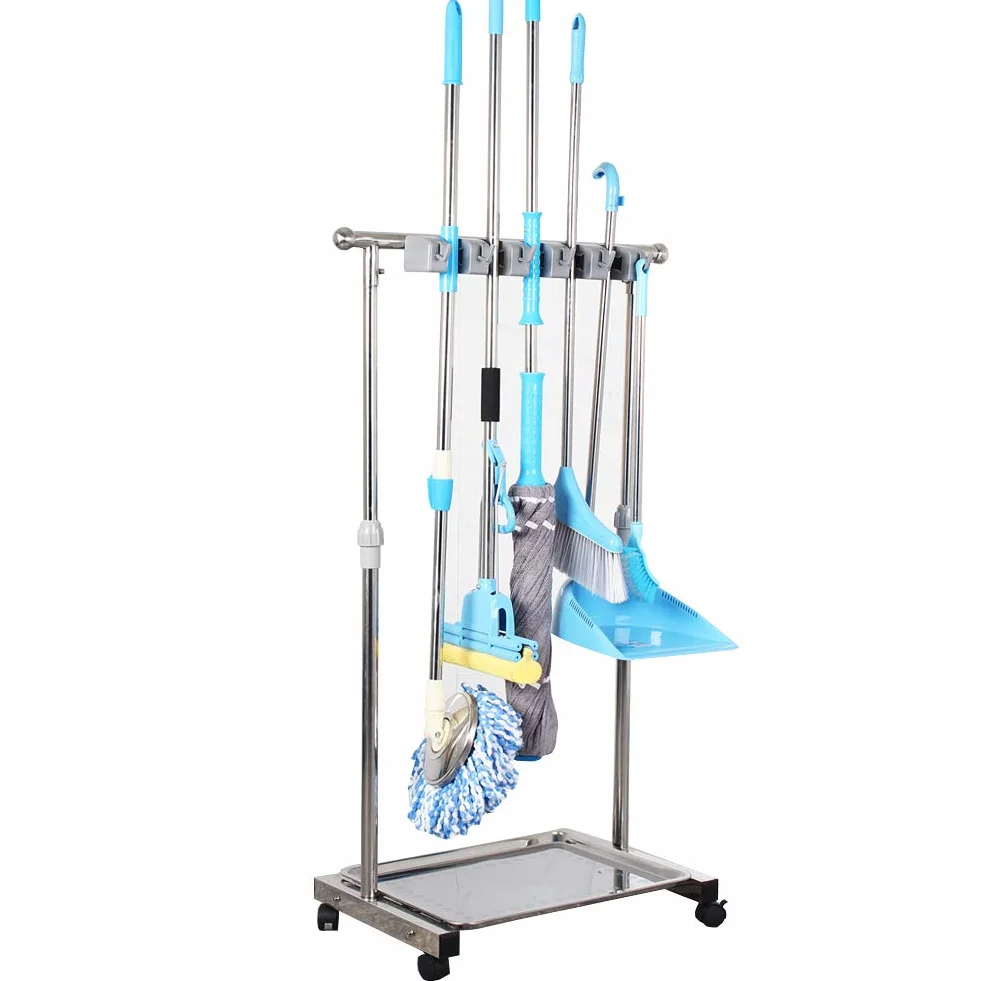 Supporto per mocio – Carrello portaoggetti per attrezzi di pulizia, carrello di pulizia mobile in acciaio inox, argento