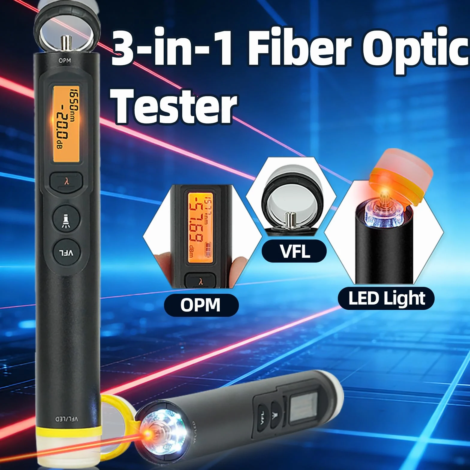 TFN Tester per fibra misuratore di potenza 20 km, localizzatore visivo di guasti, Mini OPM e VFL, tester LED per cavi in fibra