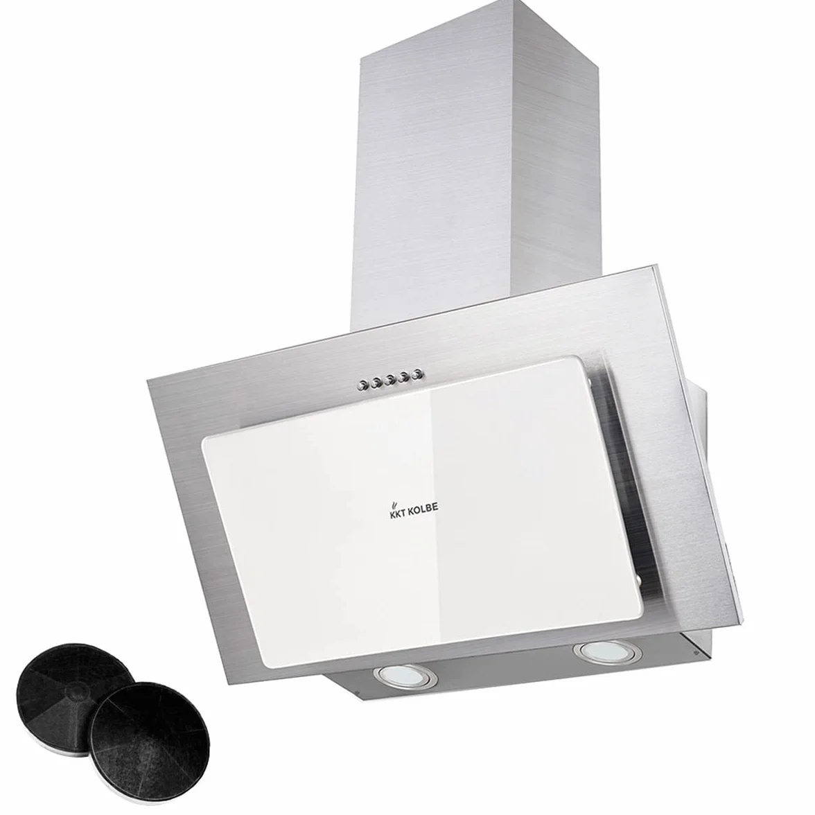Cappa aspirante 60 cm | Cappa Cucina Inclinata | acciaio inossidabile | vetro bianco | Funzionamento a pulsante | BASE604WED