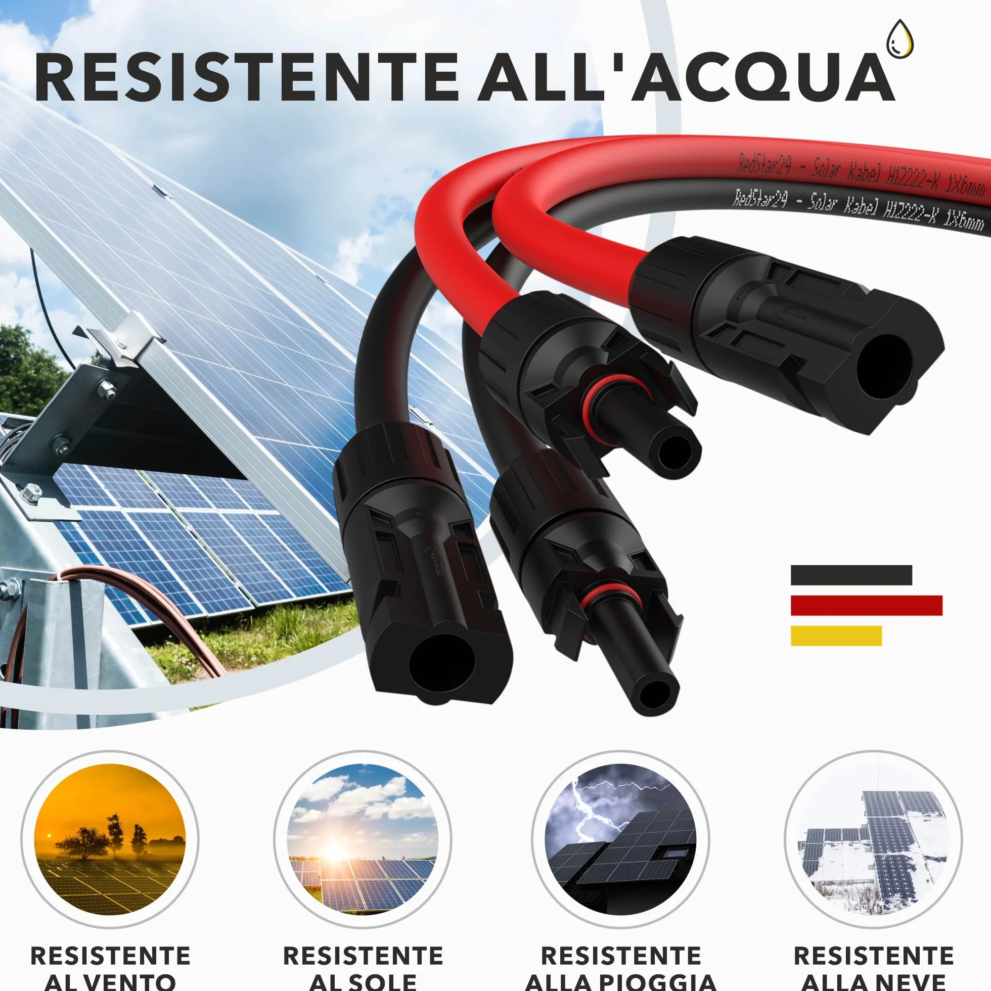 Cavo Solare di Prolunga 4mm² 2m IP68 RedStar24 per Pannello Solare Inverter