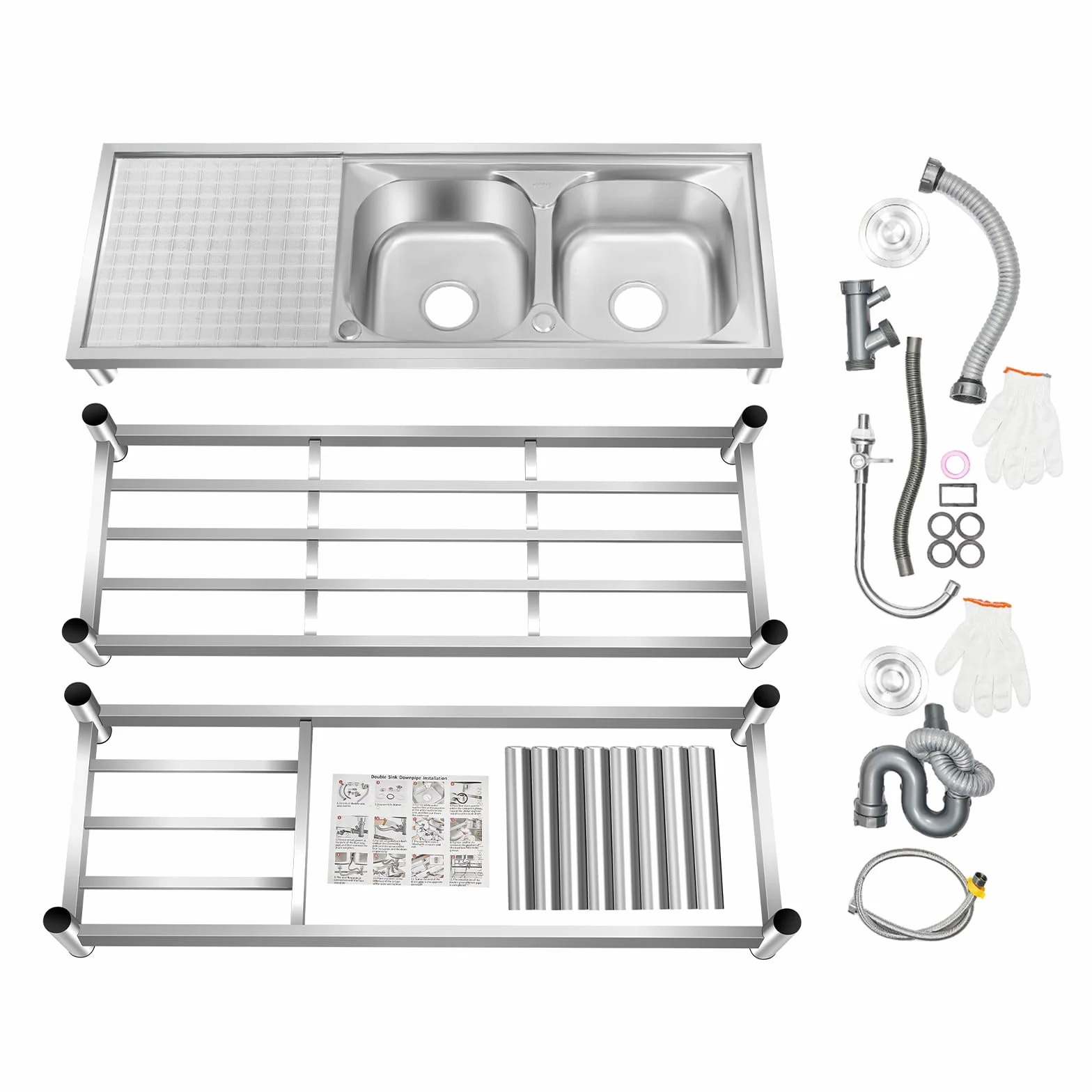 Lavabo in acciaio inox autoportante, capacità di carico 220 lbs, mobile lavello da cucina con rubinetto girevole a 360°, 120 x 45 x 80 cm, lavello commerciale con 2 vasche per ristorante, bar