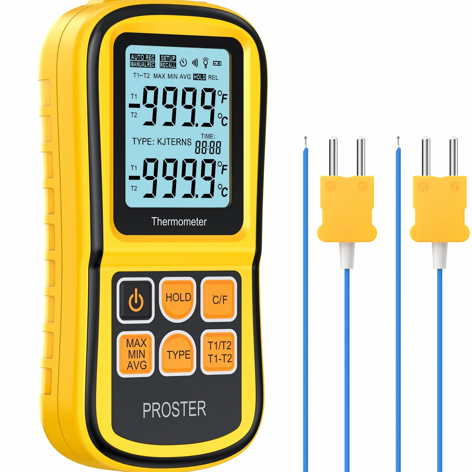 Proster Termometro Digitale a Doppio Canale Tipo K -200~1372°C LCD Retroilluminato con Due Termocoppie
