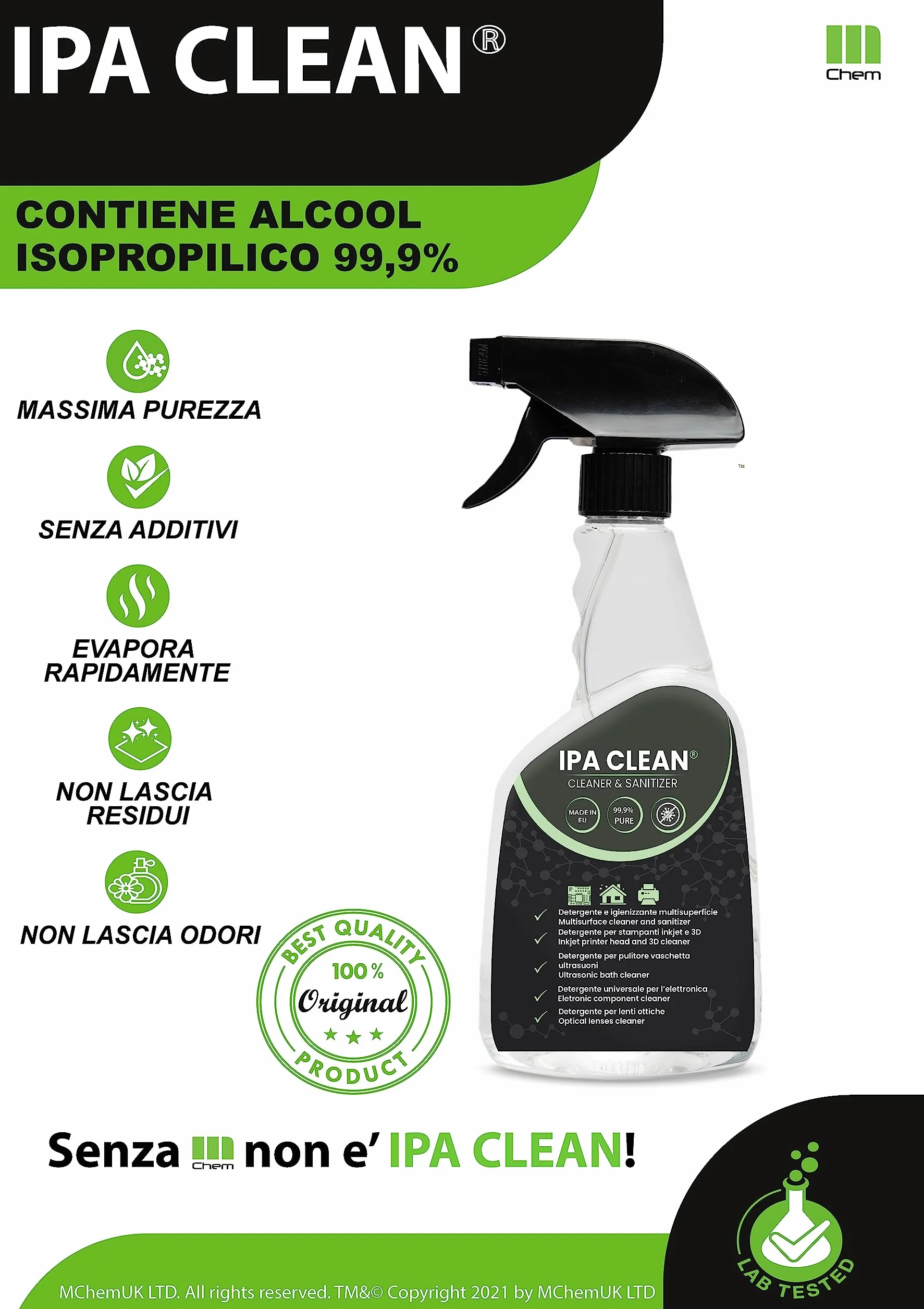 Alcool Isopropilico 99,9% 500ml con Spruzzino - Detergente per Elettronica, Casa, Ufficio, Sgrassatore Universale