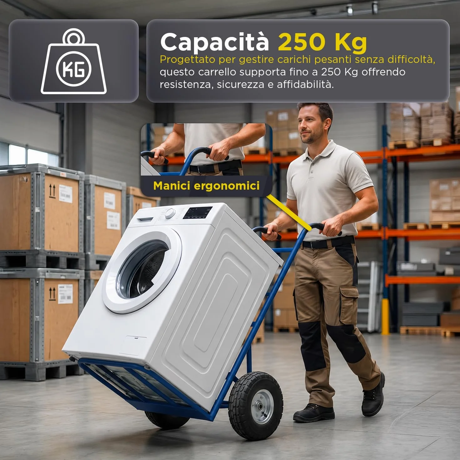 Avilia - Carrello Portapacchi con 2 Ruote Pneumatiche – Struttura in Metallo, 250 kg | Carrello Saliscale con Manico Ergonomico, Multiuso Traslochi, Edilizia, Terreno (Blu, Chilogrammi, 250)