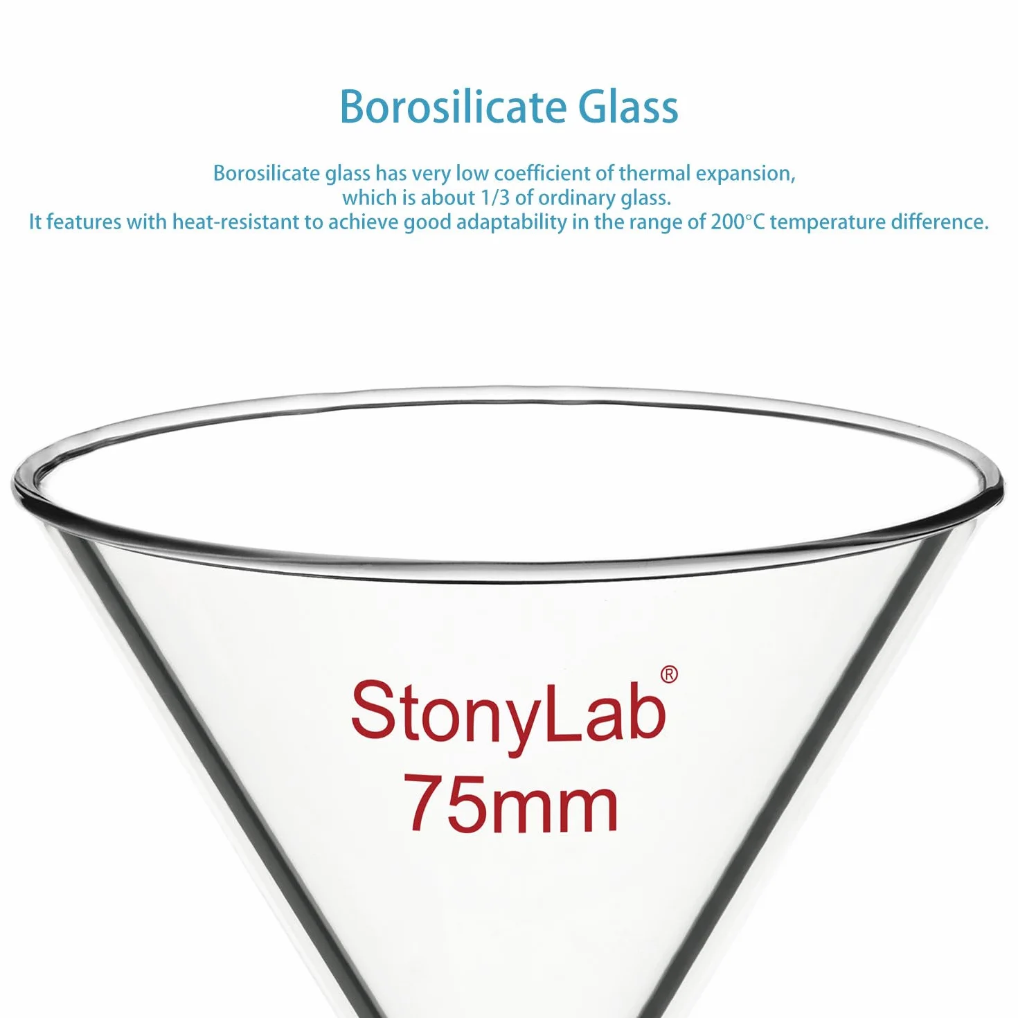 stonylab Imbuto di Vetro, Imbuto Senza Stelo in Vetro Borosilicato Addensato con Diametro Interno di 75 mm per Uso in Laboratorio
