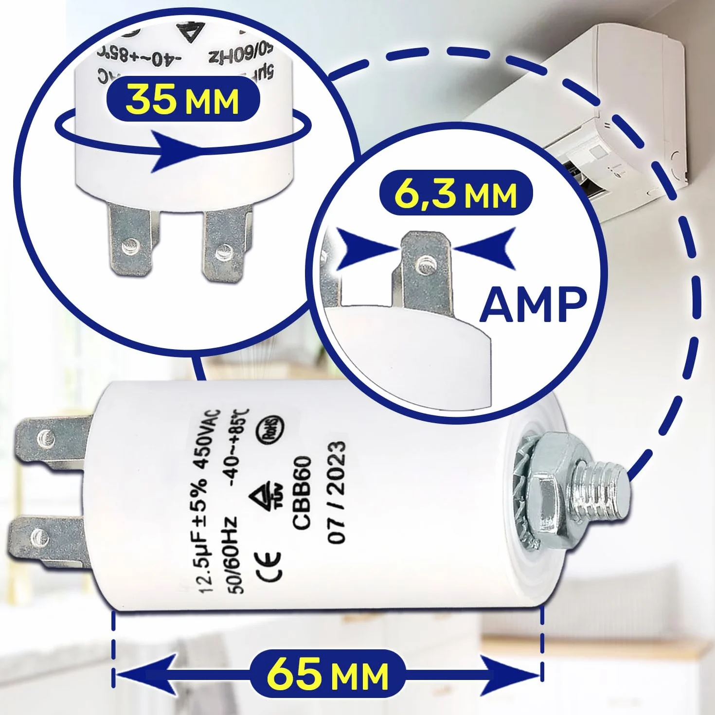 Condensatore di Avviamento CBB60 12,5µf 450V 50/60Hz -25 a +85 °C MONTERAL