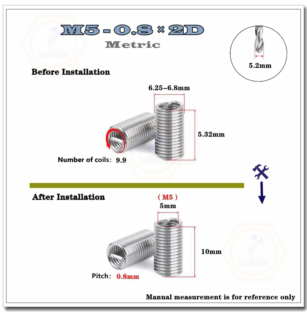 M5-0.8 × 2D Metrico 304 In Acciaio Inox Helicoil Insert Filettatura Riparazione, 100pcs