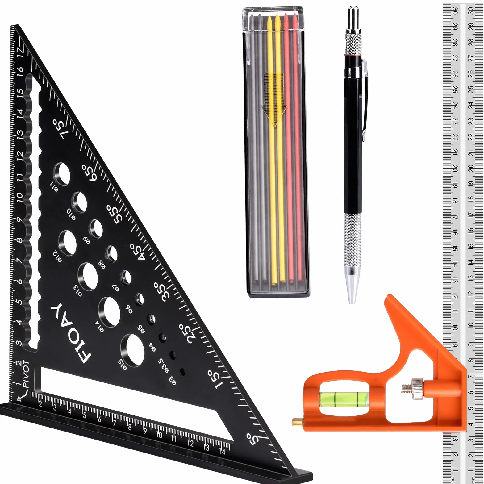 Squadra da Falegname 180mm, Squadra Combinata 300mm per Legno con Matite e Ricariche