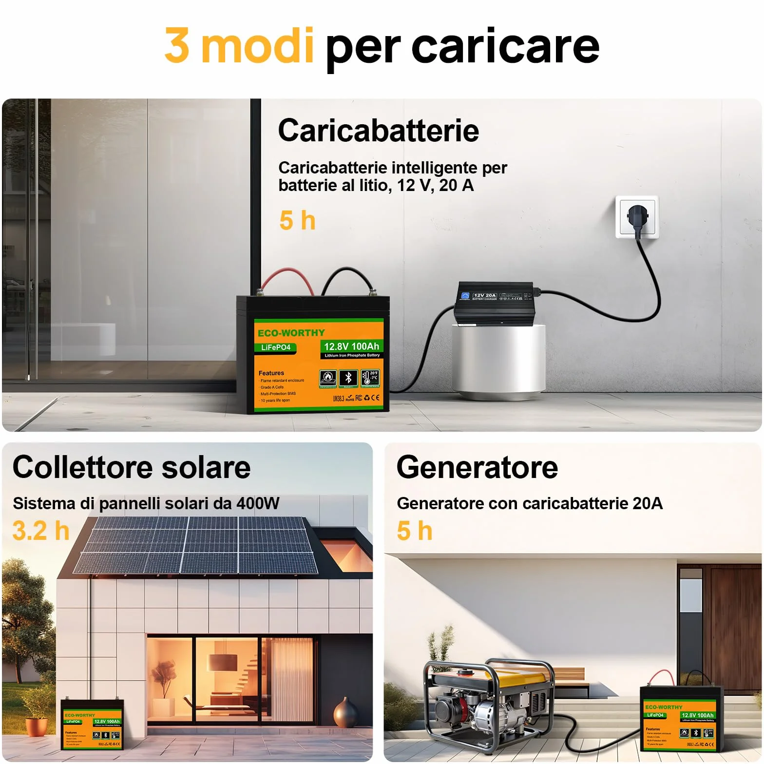 ECO-WORTHY LiFePO4 100 Ah Bluetooth, Batteria al Litio 12 V 100 Ah con Protezione BMS a Bassa Temperatura e max. 15000 Cicli, Batteria da 1280 Wh per Camper, Pannello Solare, Barca