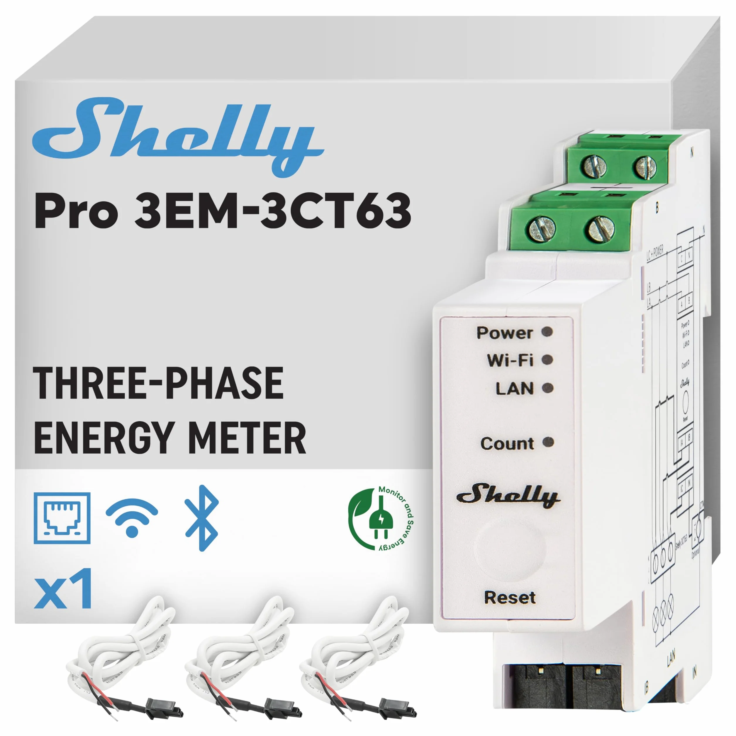 Shelly Pro 3EM-3CT63 Contatore di Energia Intelligente WiFi LAN Trifase 63A Monitoraggio Solare Rete
