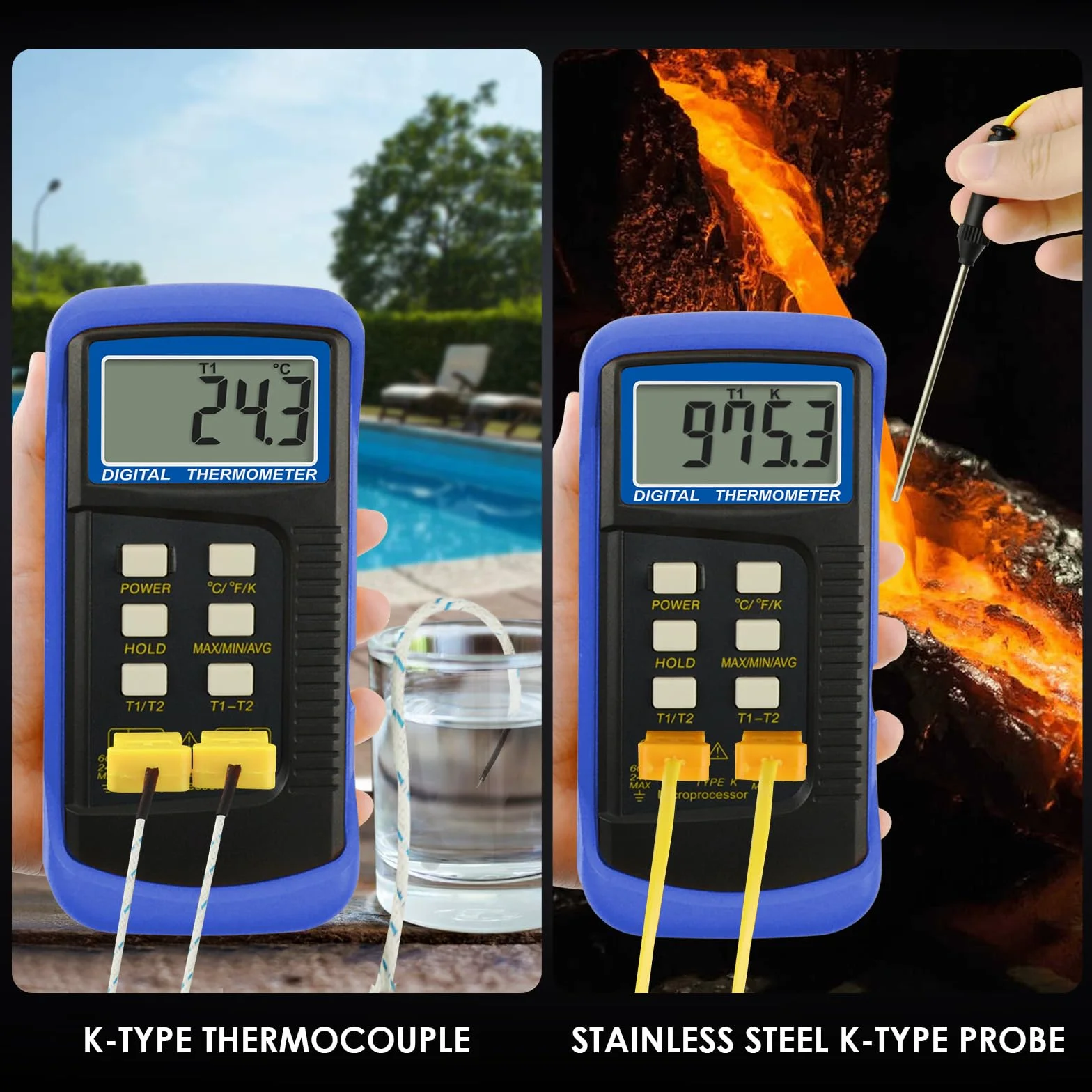 Alta Precisione Digitale Tipo K Termocoppia Termometro (-50~1300°C) con Doppio Canale 4 Sonde (Cablata & Acciaio Inossidabile) Palmare Alta Temperatura Scala Kelvin Metro Tester