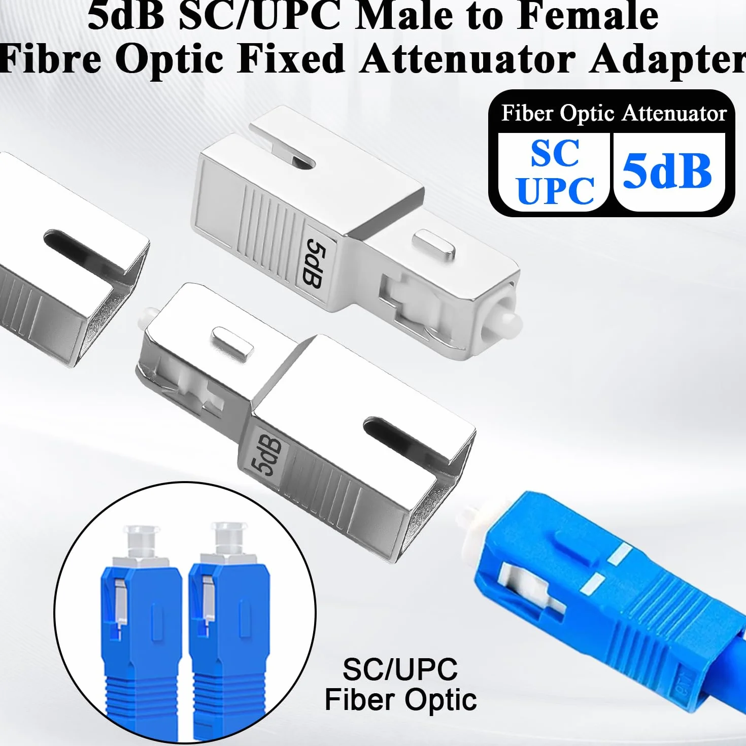 QIANRENON SC/UPC Attenuatore fisso in fibra ottica connettore 5dB SC maschio a femmina Singlemode Fibre Ottiche Fixed Attenuator Adattatore, Valore di attenuazione 5dB ± 0,5, per reti in fibra ottica