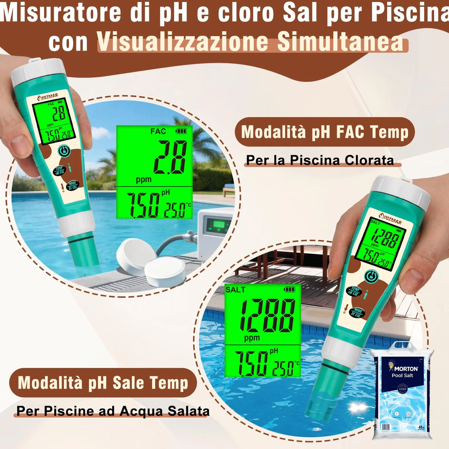 UIUZMAR Misuratore di pH e Sale cloro per piscina, Tester di pH e ORP per Idrogeno per Acqua Potabile, 8 in 1 pH, Sale, Cloro, H2, ORP, EC, TDS, Temperatura per Idroponica, Acquario