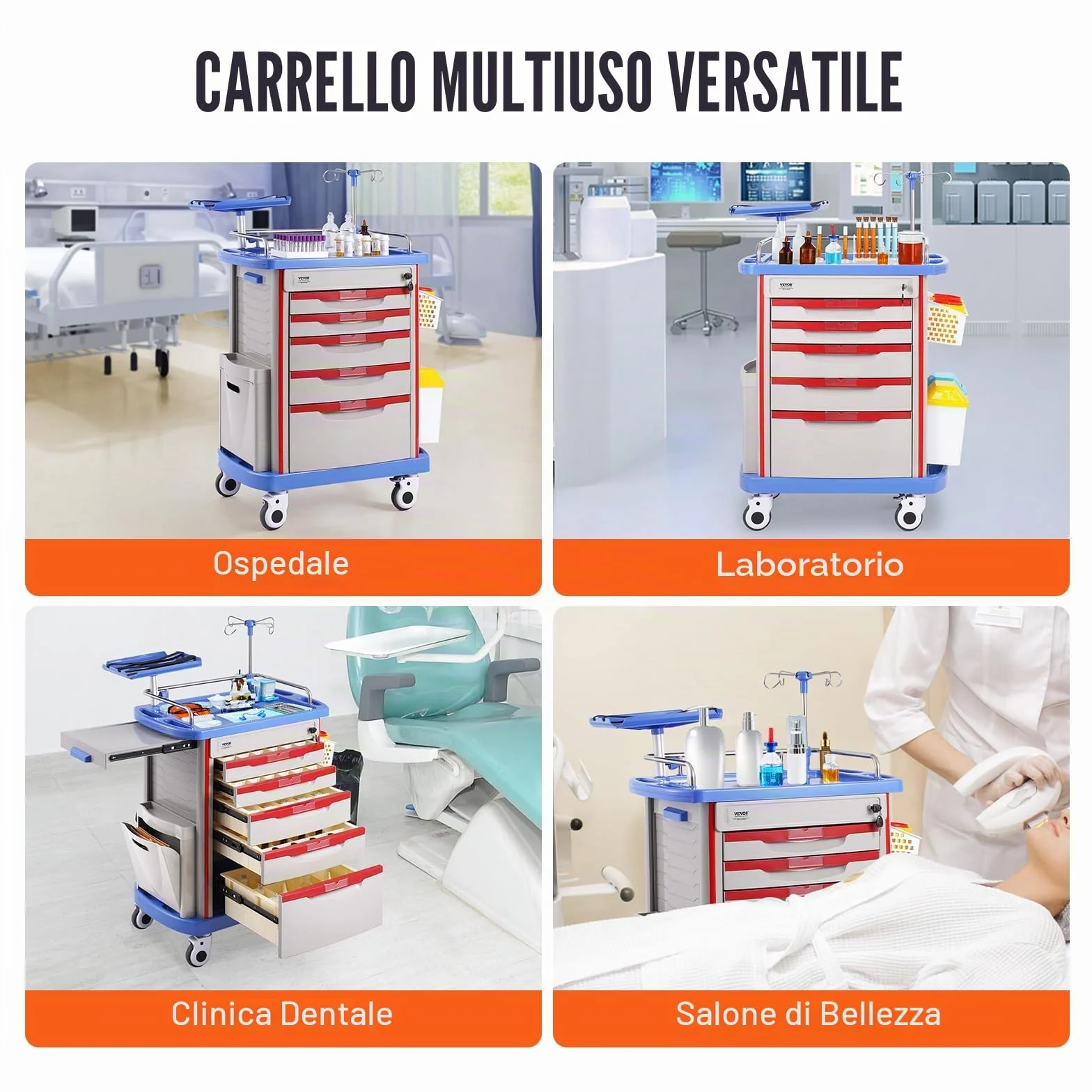 VEVOR Carrello da Laboratorio 5 Ripiani con Cassetti e Ruote Silenziose, PP, Blu