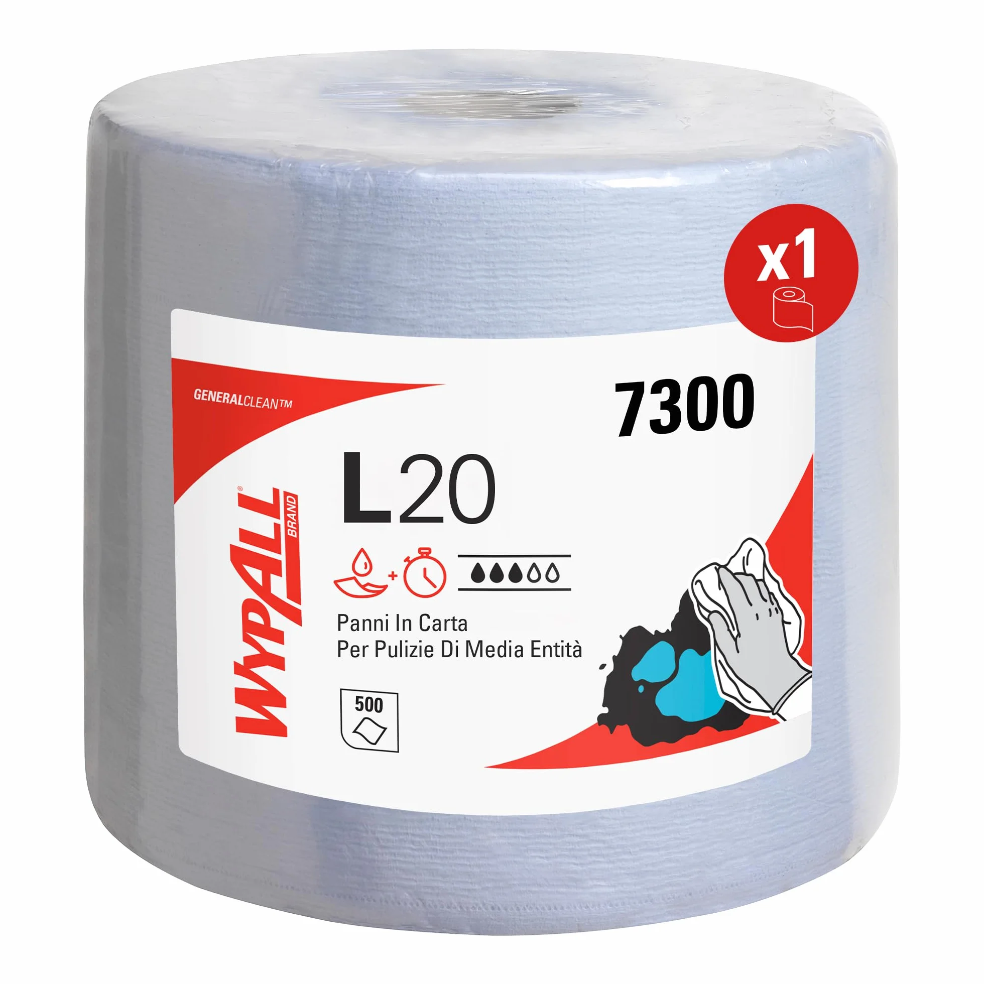 WypAll L20 Maxi Rotolo Panni Carta 7300, 2 Veli, Blu, 500 Fogli, Biodegradabili, Certificato Contatto Alimentare