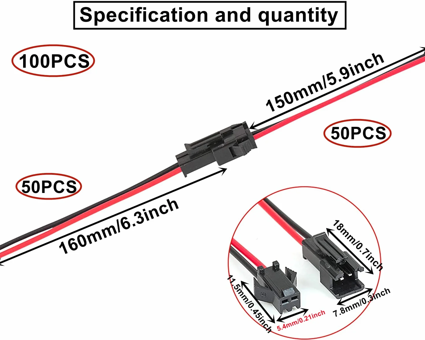 HUAZIZ 50 Pezzi JST SM 2 Pin Connettore, 22 AWG JST 2 Pin Adattatore Micro Elettrico Spina Connettore Maschio e Femmina con 150mm Cavo