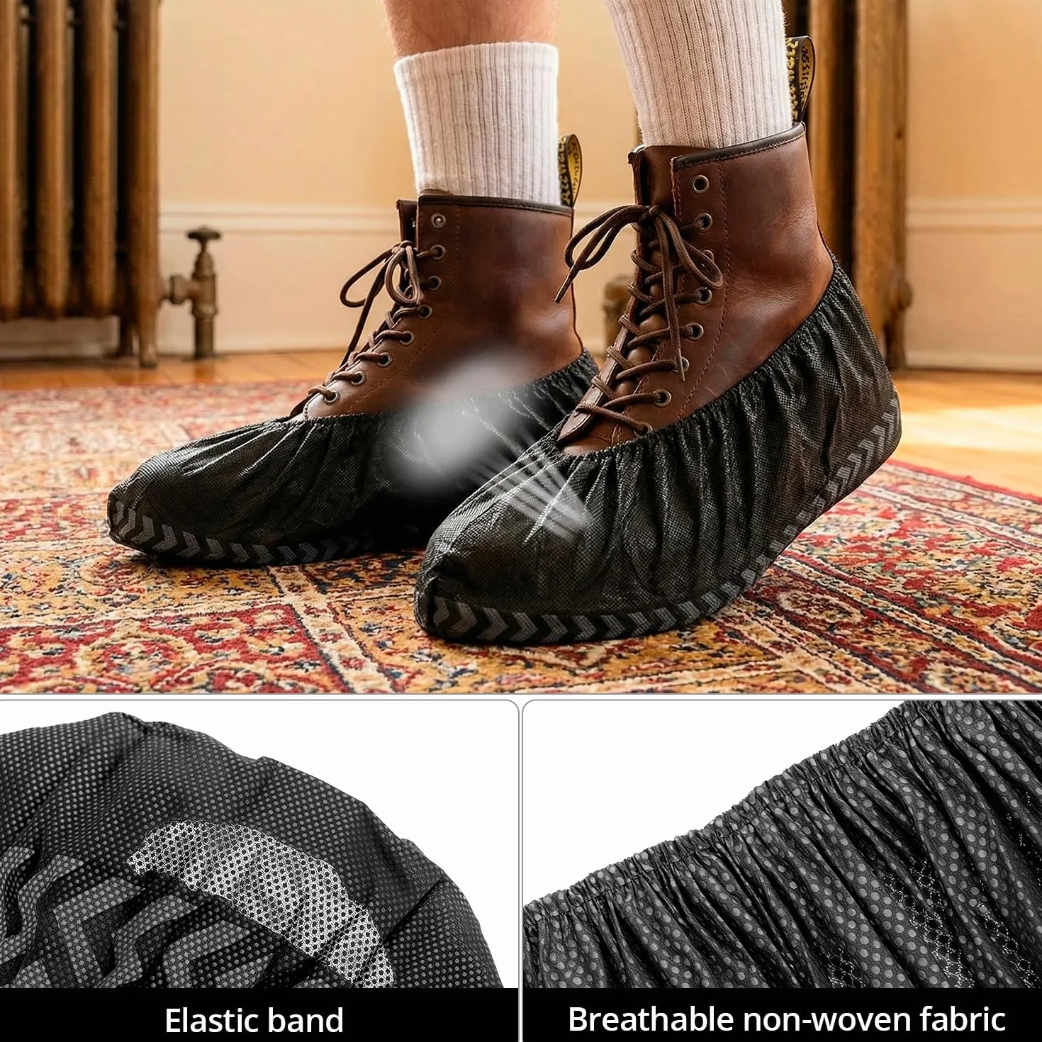 QWORK 100 Pezzi Copriscarpe Monouso Neri XL, Calzari in Tessuto Non Tessuto Suola Antiscivolo