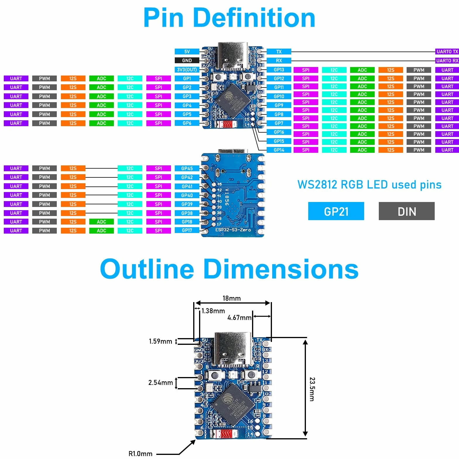 2 schede di sviluppo ESP32-S3 Mini ESP32-S3FH4R2 Dual Core Processor, 2.4GHz WiFi & BT 5, moduli castellati, adatto per applicazioni SMD, C/C++, MicroPython