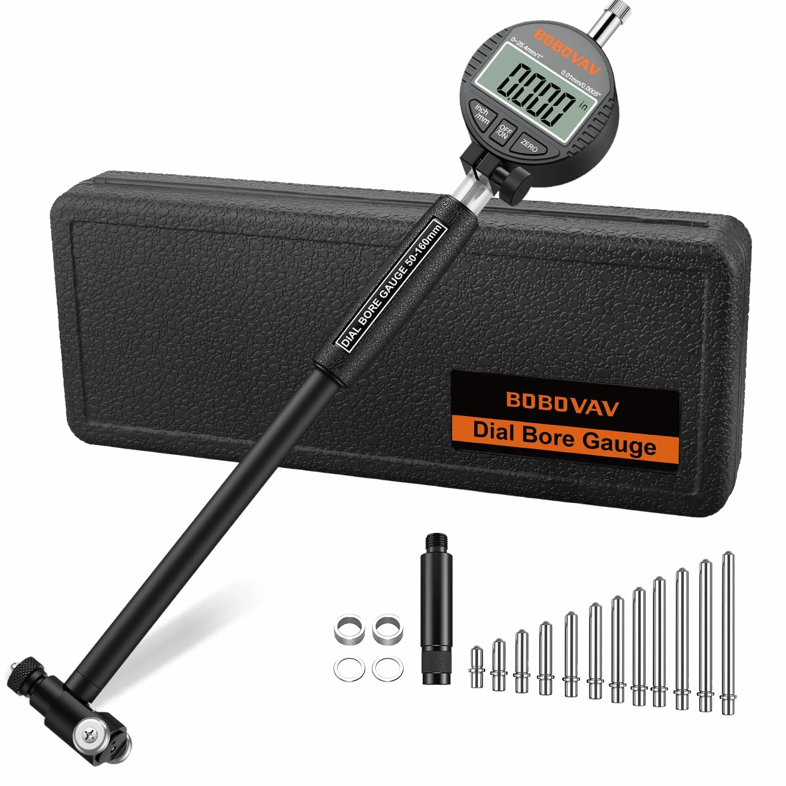 Alesametro Digitale 50-160mm/ 2-6"con Indicatore Digitale 0,01mm/ 0.0005"di Precisione, 12 Testine di Misurazione,Profondità 150mm,Set Comparatore Diametro Interno,Metrico/Pollici
