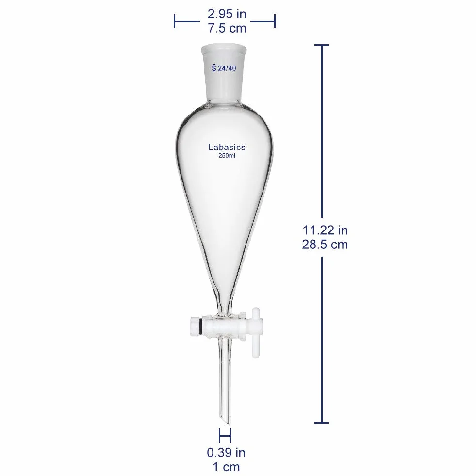 Labasics Imbuto Separatore Conico in Vetro Borosilicato 250ml con Rubinetto di Arresto in PTFE