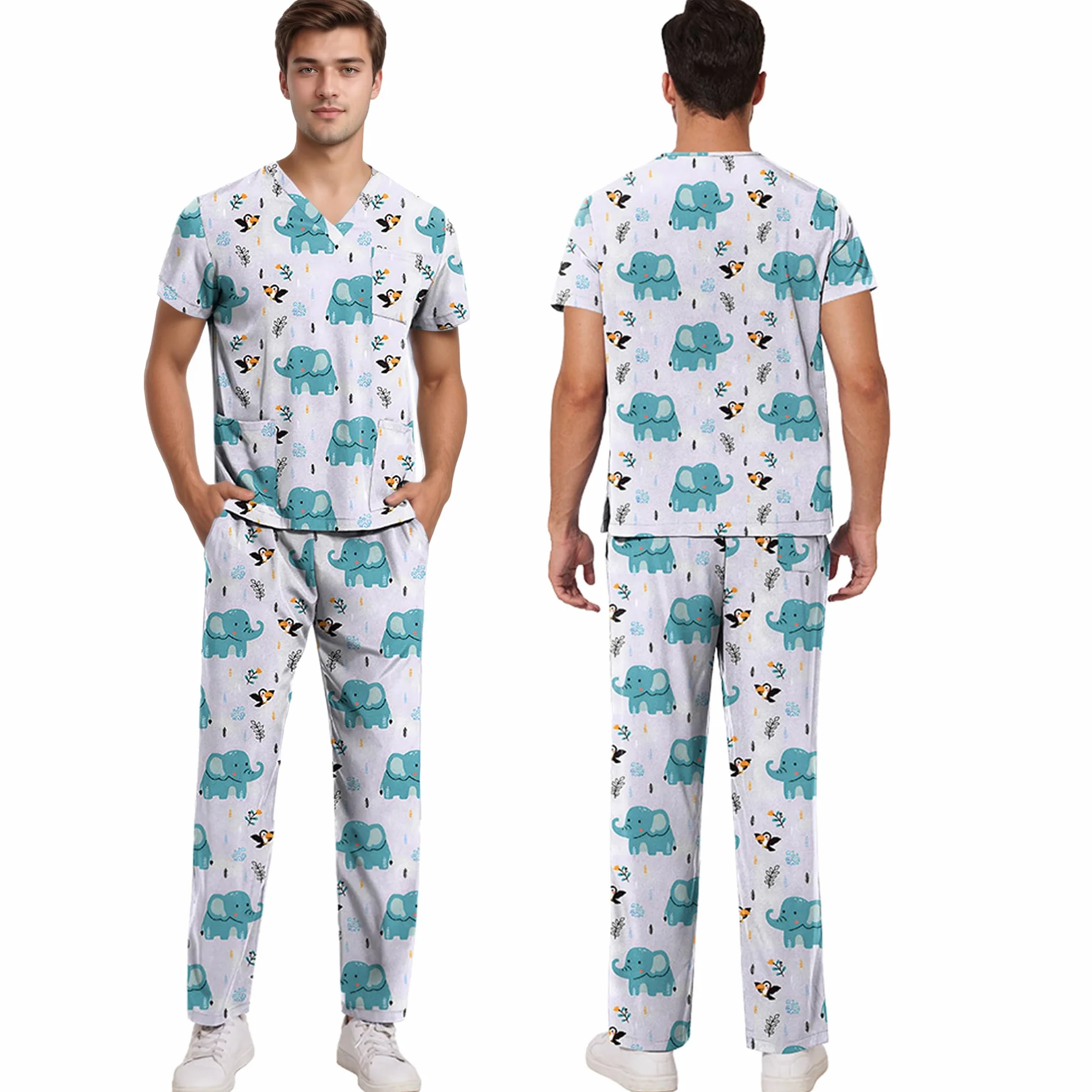ThreeH Set da Chirurgo Ospedaliero Divisa Medica Elasticizzata con Scollo a V e Pantaloni Jogging Lavabile Tasche Multiple