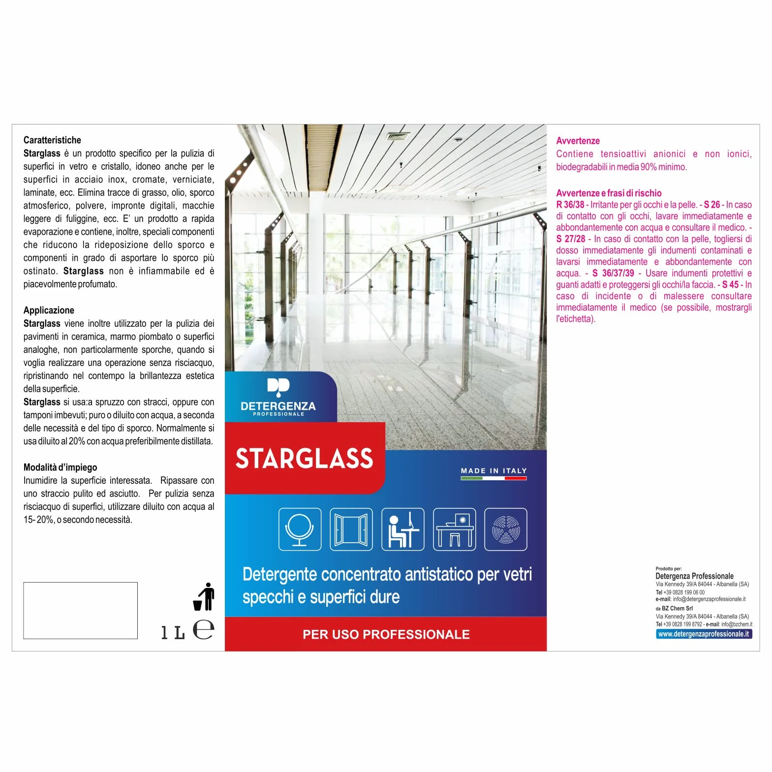 STARGLASS DETERGENTE CONCENTRATO Antistatico per VETRI SPECCHI E SUPERFICI DURE 1 L