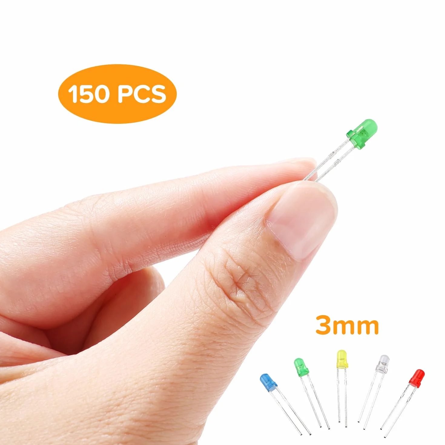 LED Diodo 3mm 2-Pin Testa Rotonda Bianco Rosso Giallo Verde Blu 150 Pezzi