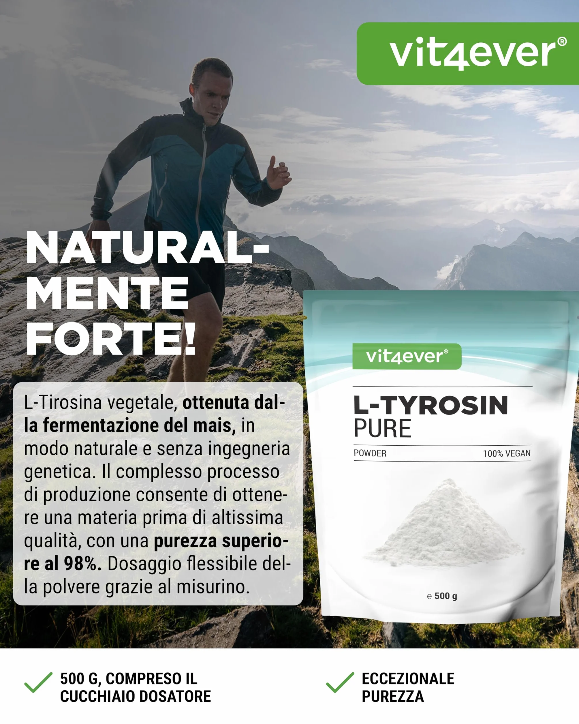 L-Tirosina 500 g Polvere Amminoacido Puro Vegan 333 Porzioni