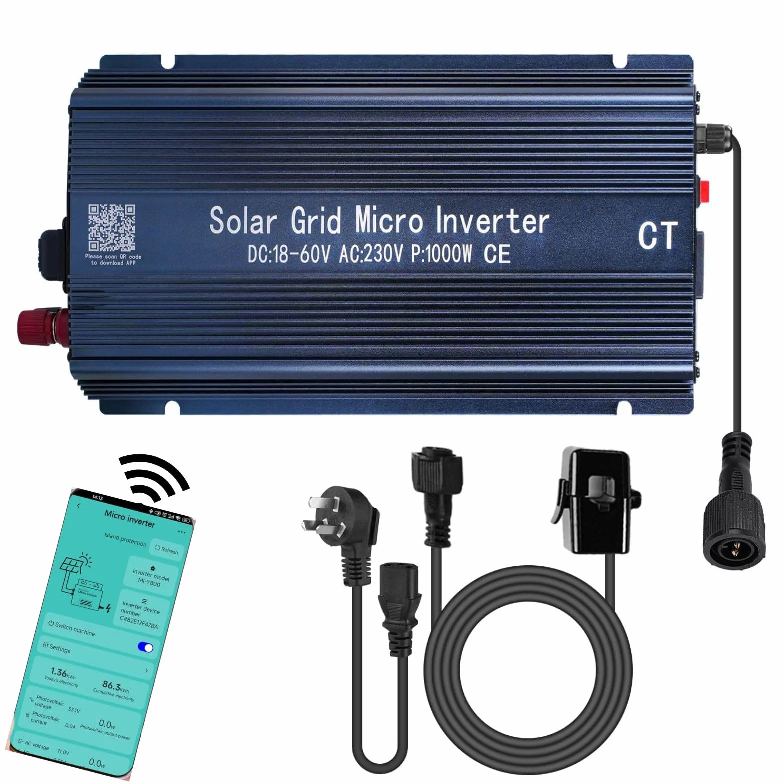 BuyWeek Grid Tie Inverter Micro inverter solare MPPT da 1000 W a onda sinusoidale pura con APP Tuya, anti-controcorrente, ingresso 22-60 V CC, uscita 230 V CA, for centrale elettrica da balcone con pa